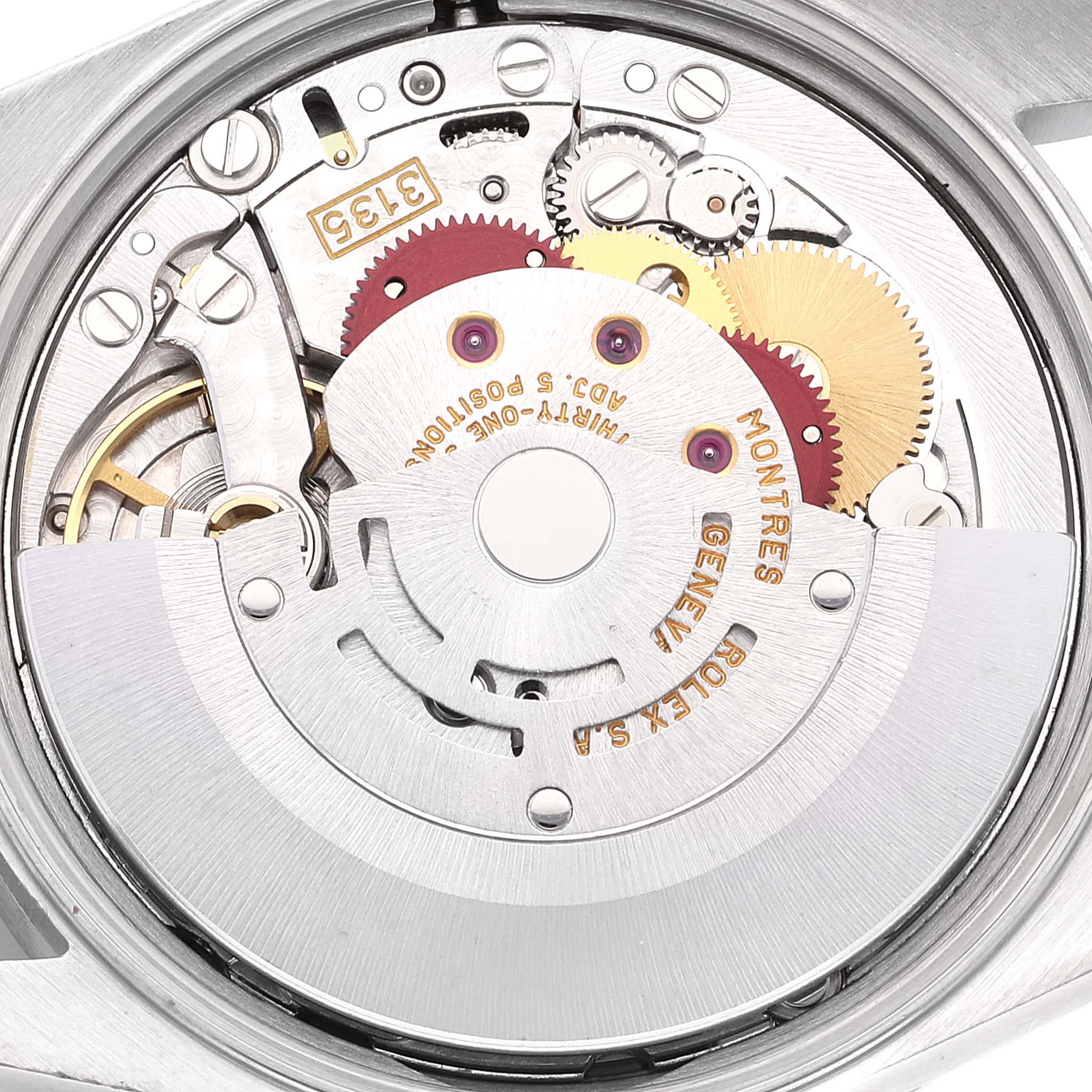 This image shows the inner movement mechanism of a Rolex Date 15210 Men
s Stainless Steel White Dial 15210 Men
s Stainless Steel White Dial model watch from a top-down angle.