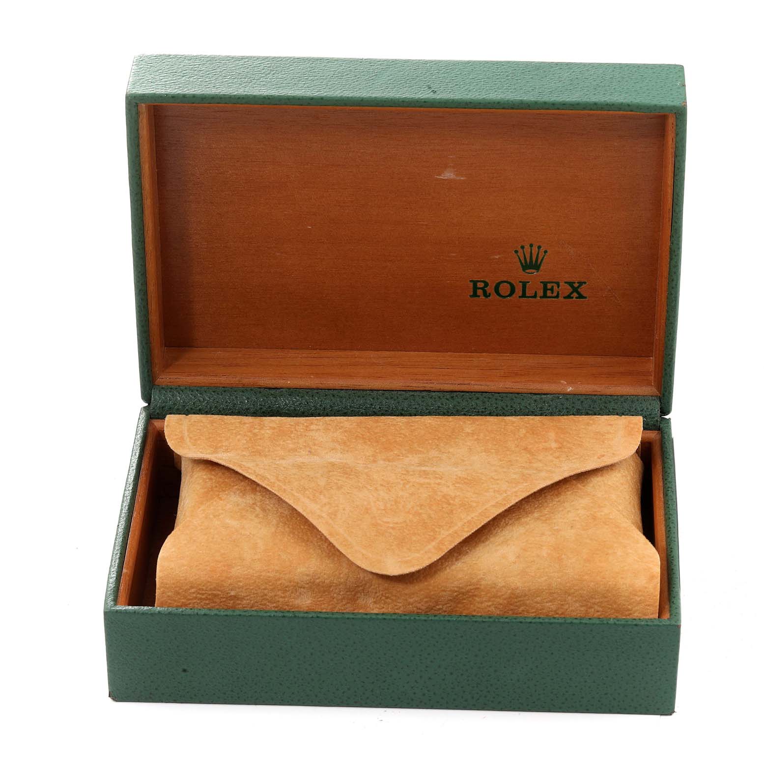 The image shows an open green Rolex box with a tan leather pouch inside, containing a Rolex Date 15210 Men
s Stainless Steel White Dial 15210 Men
s Stainless Steel White Dial model watch.