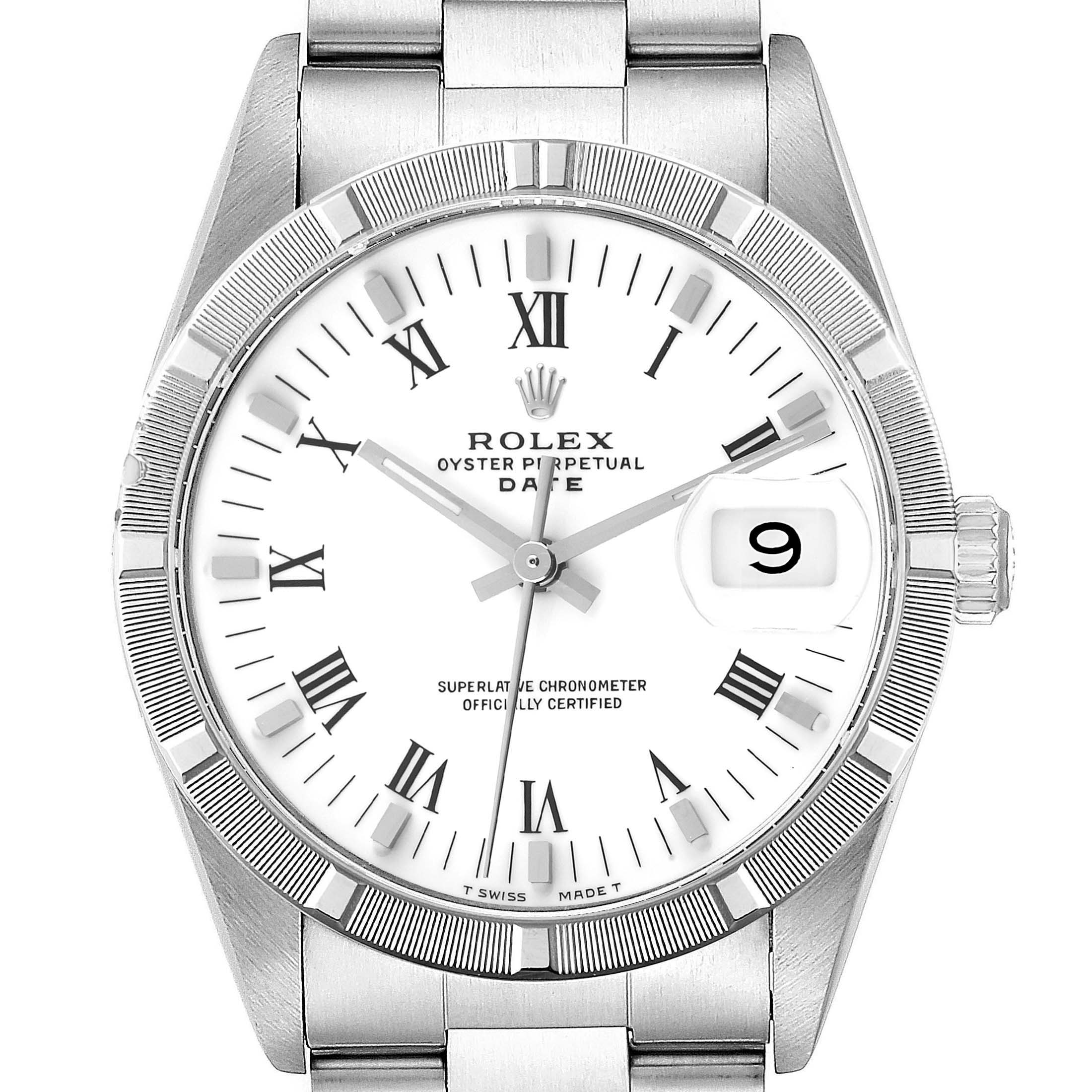 The image shows a front view of a Rolex Date 15210 Men
s Stainless Steel White Dial 15210 Men
s Stainless Steel White Dial model watch, capturing the dial, bezel, and part of the bracelet.