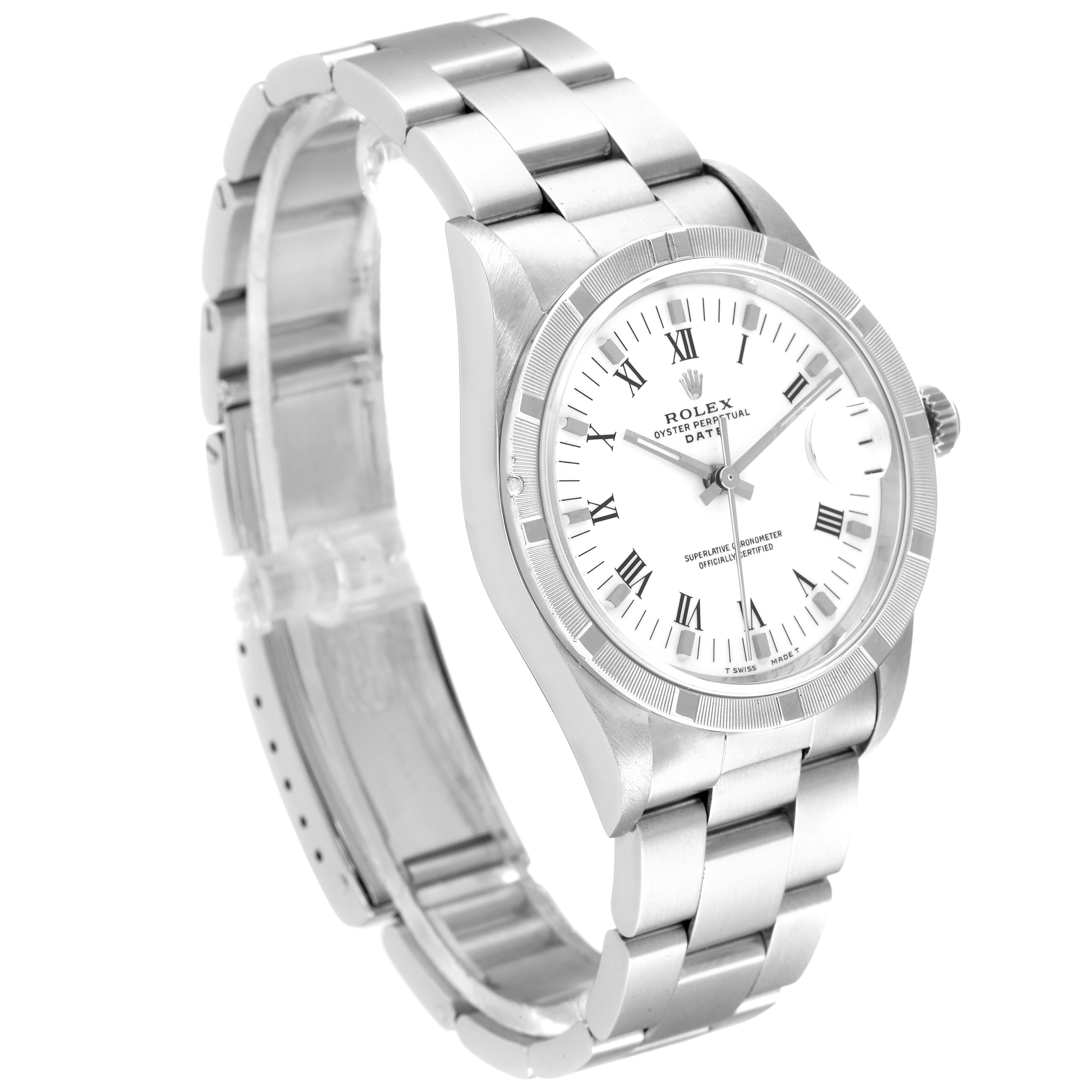 The Rolex Date 15210 Men
s Stainless Steel White Dial 15210 Men
s Stainless Steel White Dial model watch is shown at an angle displaying the face, bezel, crown, and bracelet.