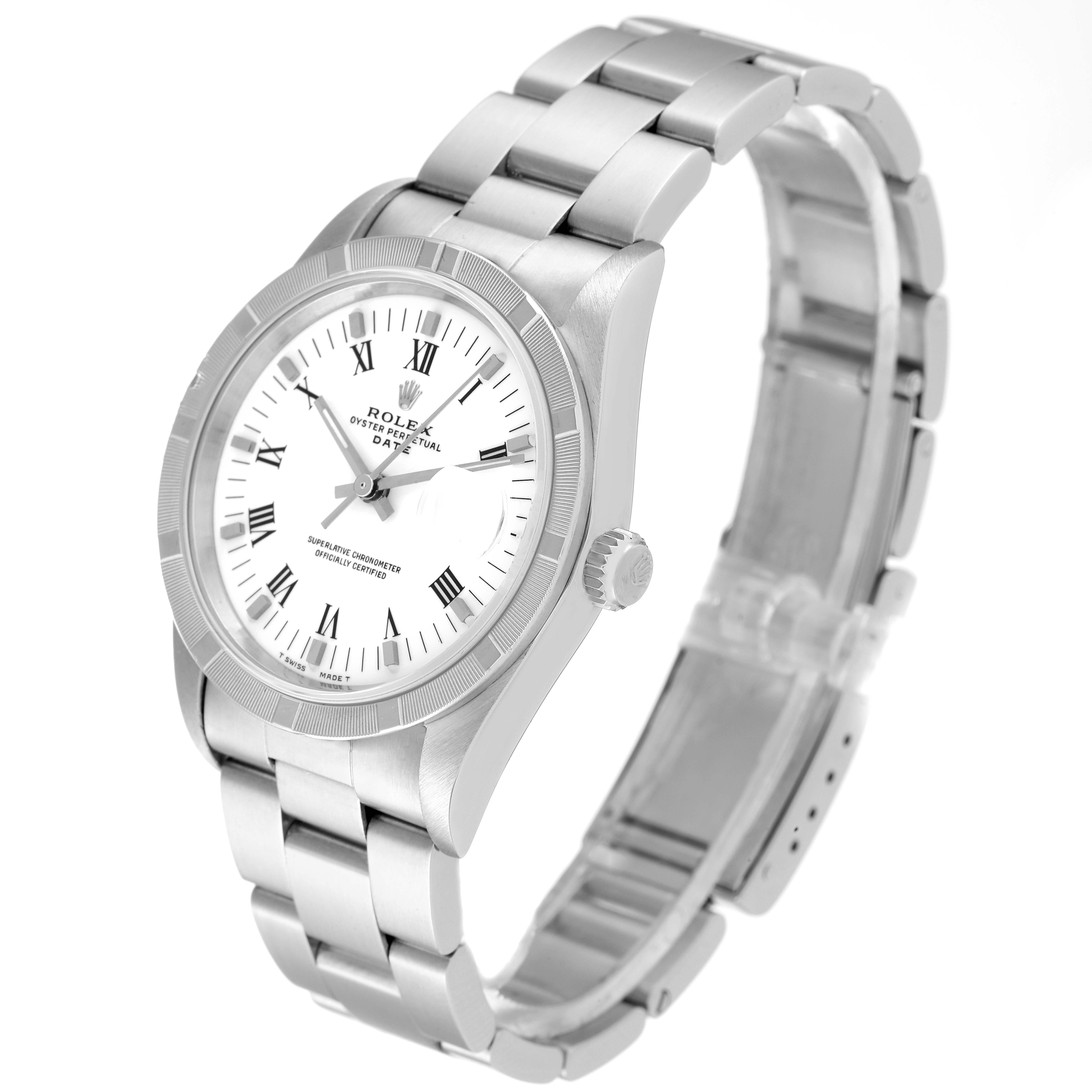 The Rolex Date 15210 Men
s Stainless Steel White Dial 15210 Men
s Stainless Steel White Dial model watch is shown at a slightly angled perspective, displaying its face, bracelet, and crown.