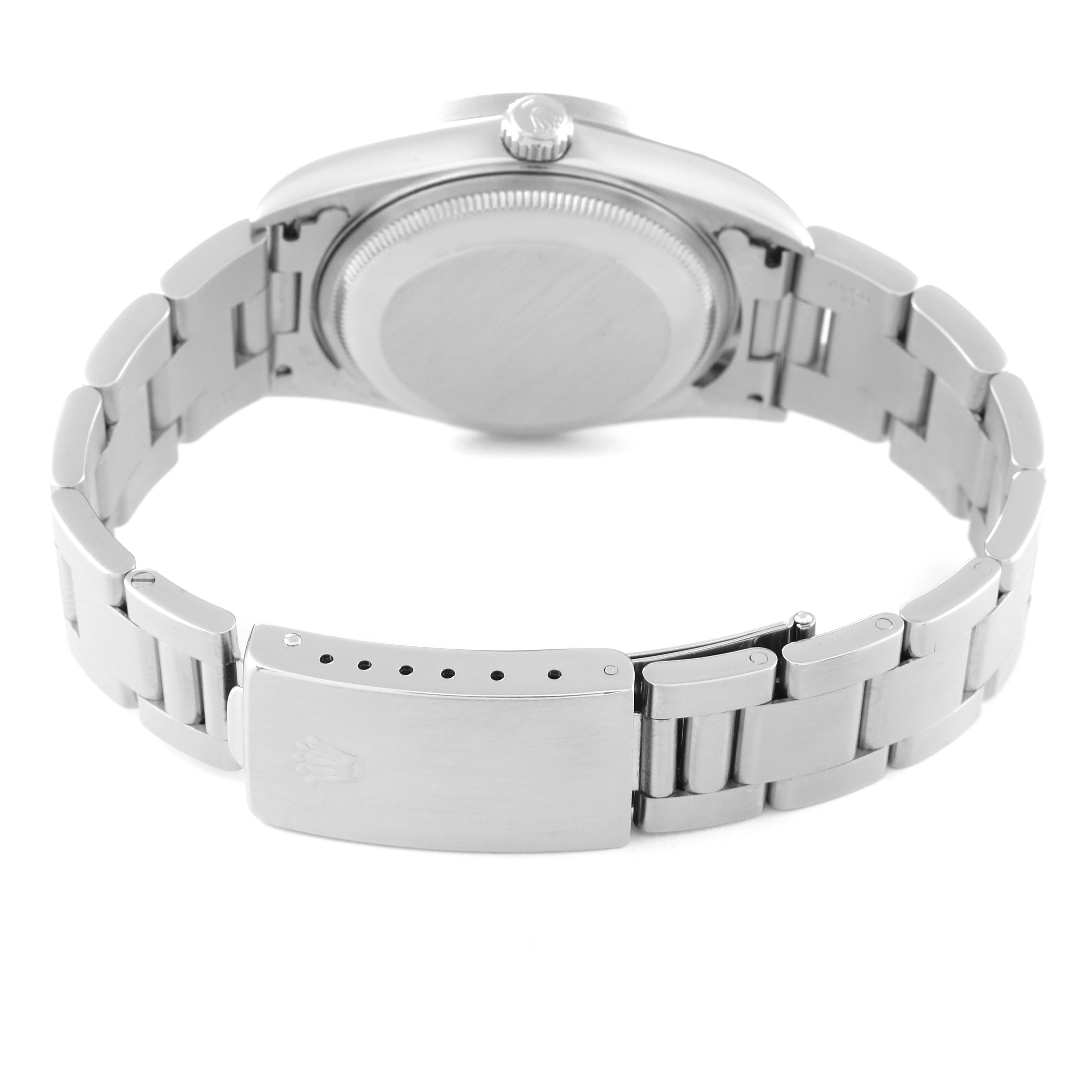 This image shows the back view of a Rolex Date 15210 Men
s Stainless Steel White Dial 15210 Men
s Stainless Steel White Dial model watch, highlighting the clasp and bracelet.