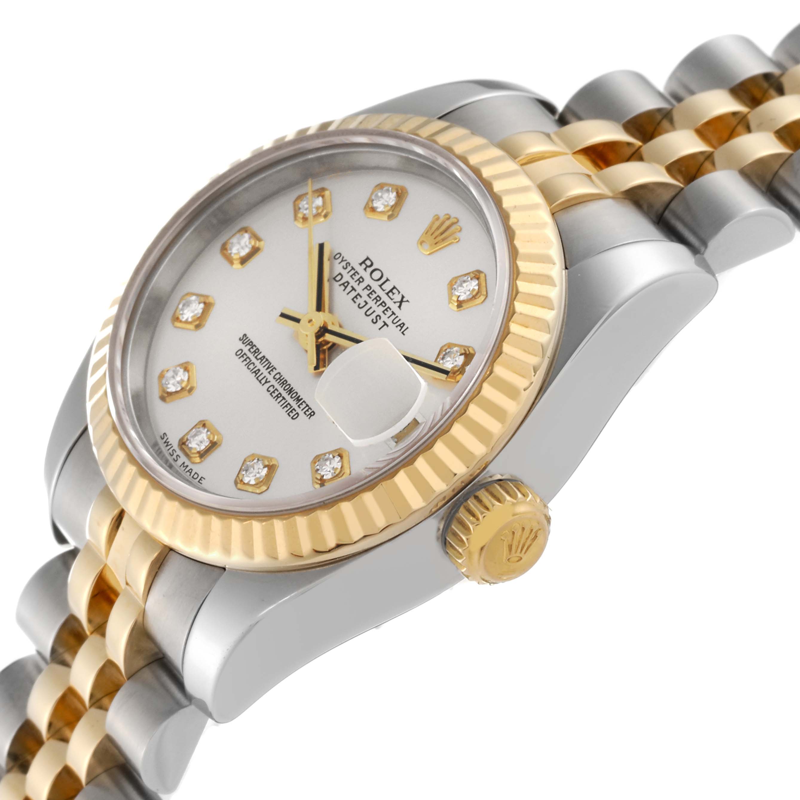 The image shows a Rolex Datejust 179173 Women's Steel and Gold (two tone) Silver Dial 179173 Women's Steel and Gold (two tone) Silver Dial watch at a 45-degree angle, highlighting its dial, bezel, crown, and two-tone bracelet.