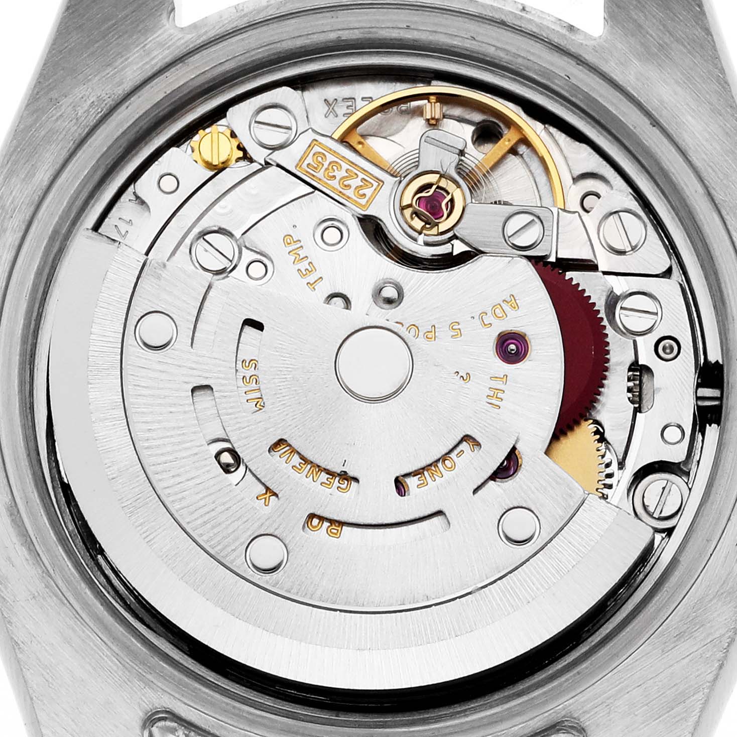 The image shows the internal movement components of a Rolex Datejust 179173 Women's Steel and Gold (two tone) Silver Dial 179173 Women's Steel and Gold (two tone) Silver Dial watch from a back angle.