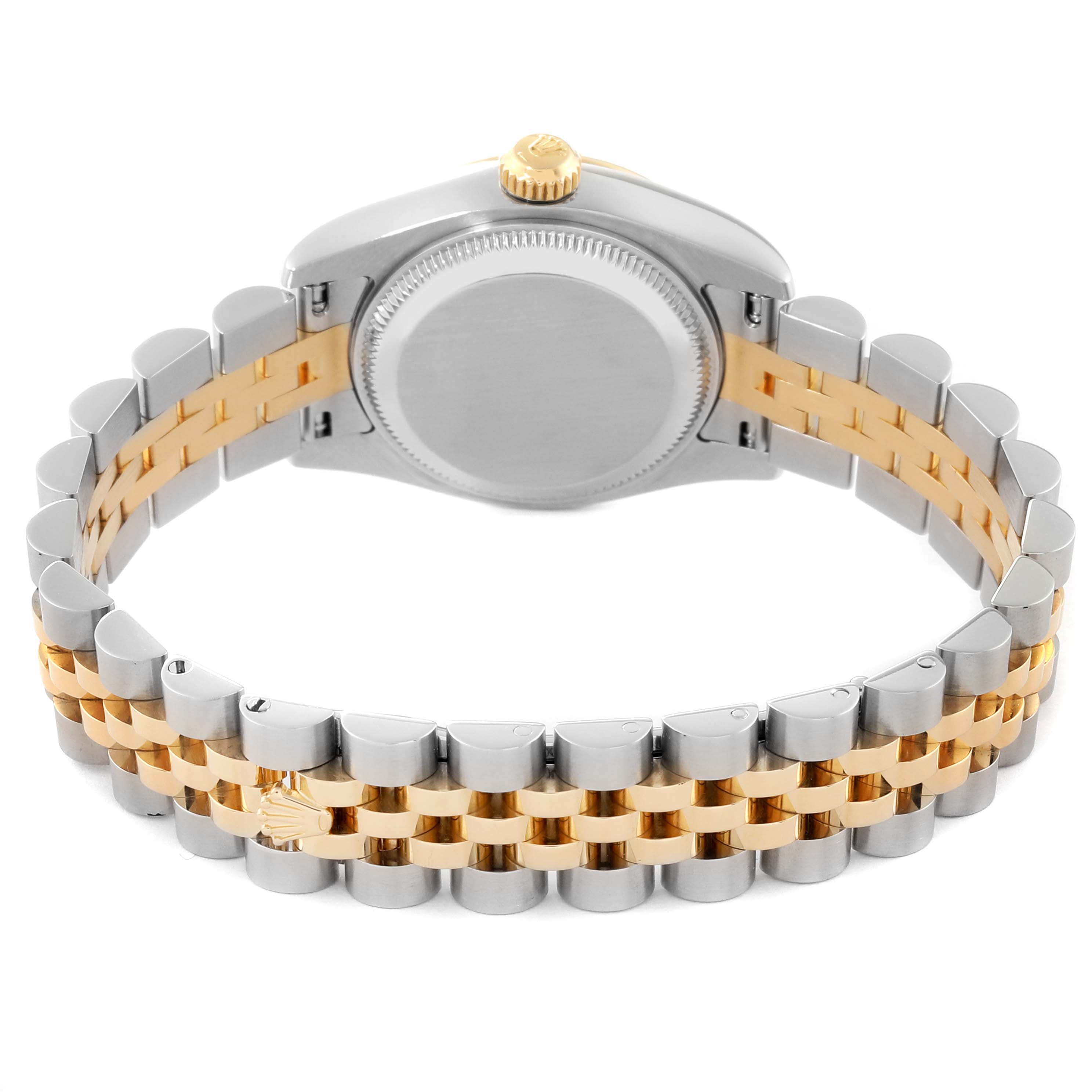 The image shows the back and band of a Rolex Datejust 179173 Women's Steel and Gold (two tone) Silver Dial 179173 Women's Steel and Gold (two tone) Silver Dial watch, highlighting its two-tone metal link bracelet.