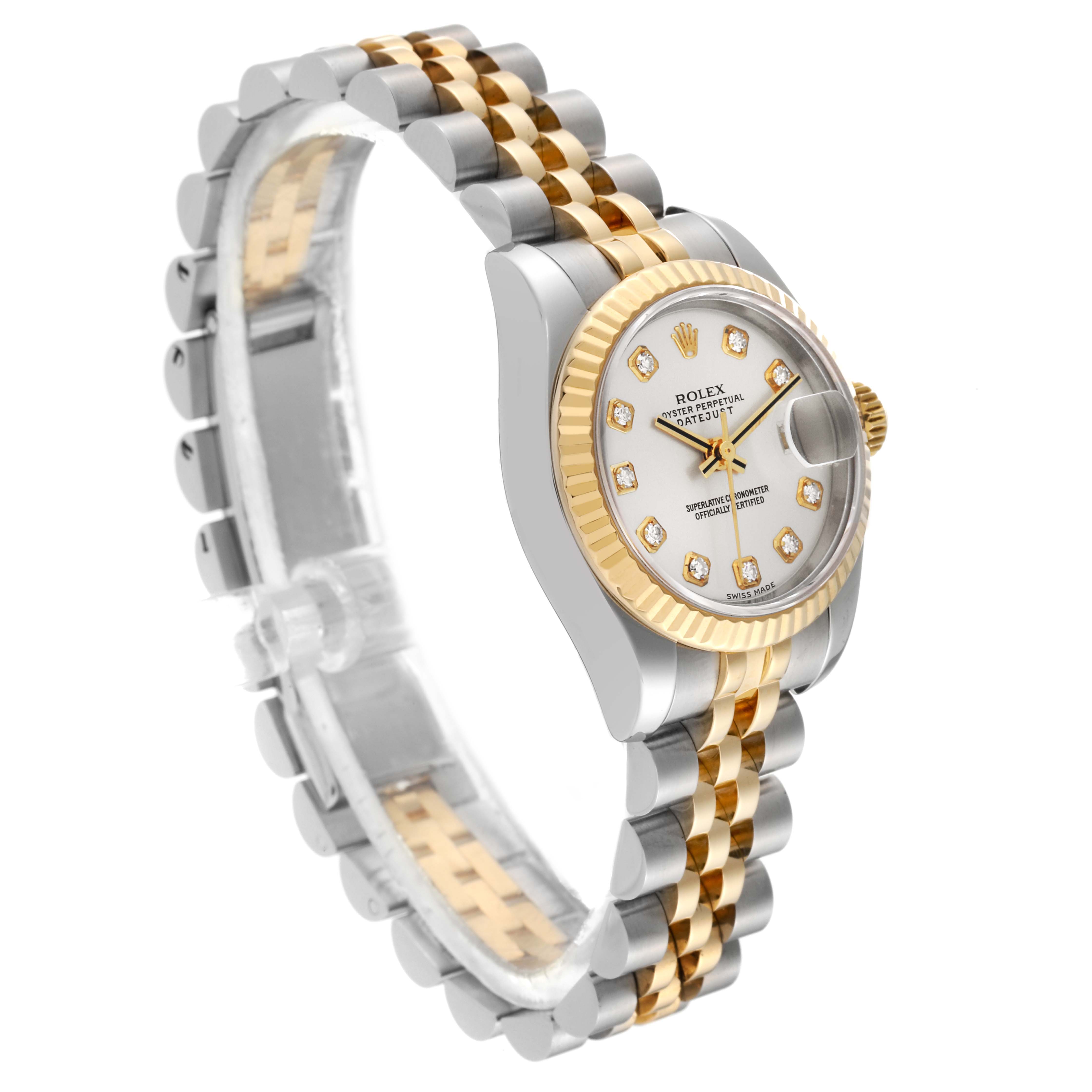 The image shows a side angled view of a Rolex Datejust 179173 Women's Steel and Gold (two tone) Silver Dial 179173 Women's Steel and Gold (two tone) Silver Dial model, highlighting its two-tone bracelet and diamond-marked dial.