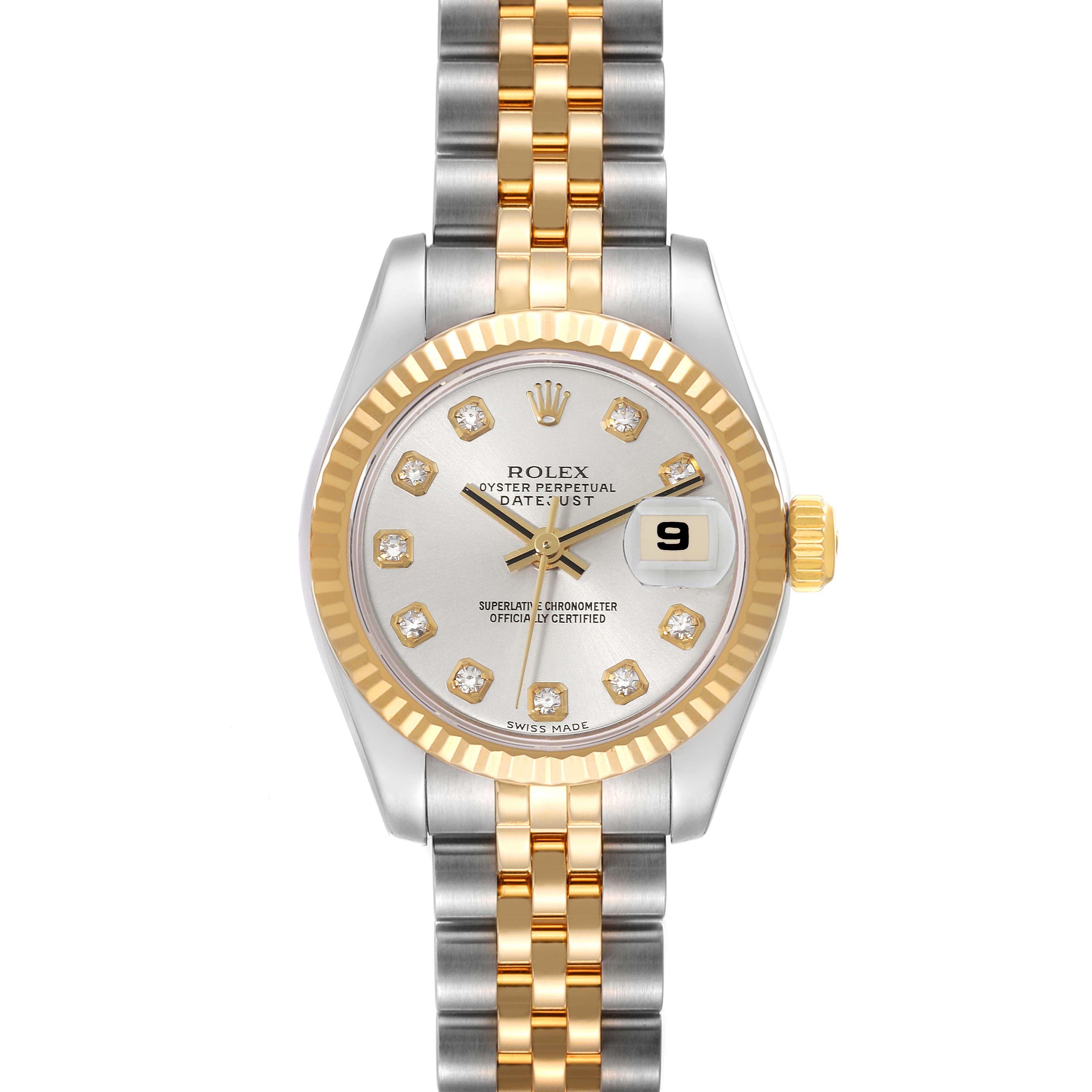 The image shows a front view of a Rolex Datejust 179173 Women's Steel and Gold (two tone) Silver Dial 179173 Women's Steel and Gold (two tone) Silver Dial watch displaying the dial, bezel, and Jubilee bracelet.