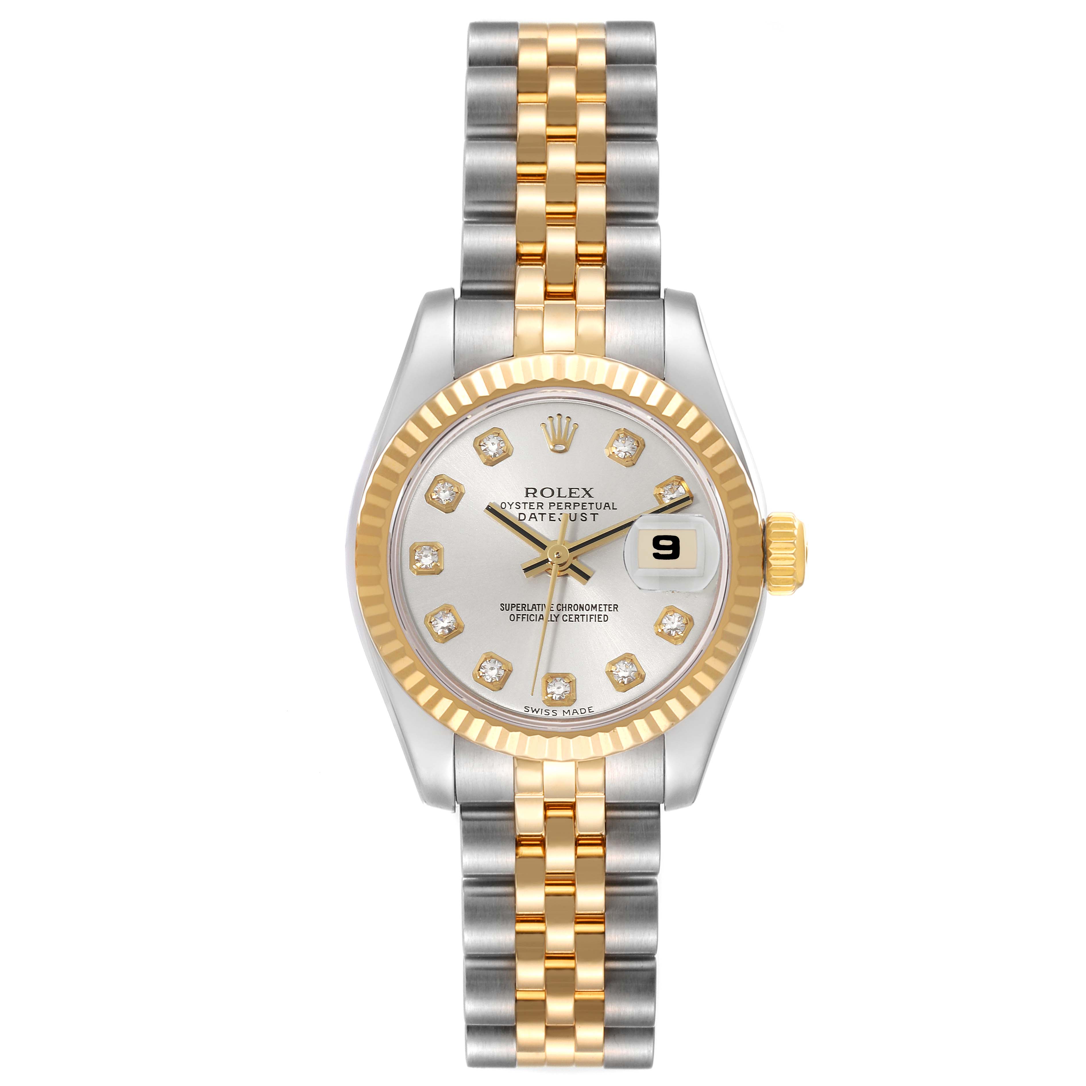 The image shows a front view of a Rolex Datejust 179173 Women's Steel and Gold (two tone) Silver Dial 179173 Women's Steel and Gold (two tone) Silver Dial watch displaying the dial, bezel, band, and crown.