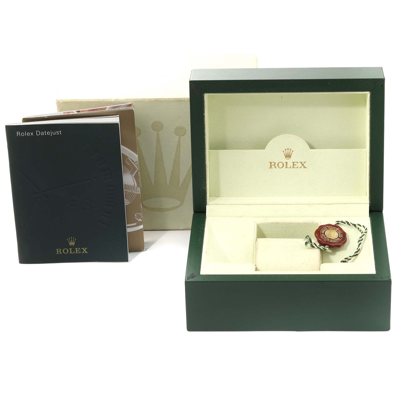 The image shows an open Rolex Datejust 179173 Women's Steel and Gold (two tone) Silver Dial 179173 Women's Steel and Gold (two tone) Silver Dial watch box, Rolex booklet, and accessories from a 3/4 angle.