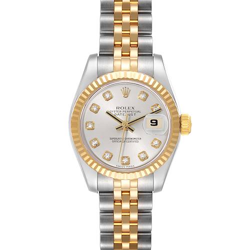 The image shows a frontal view of the Rolex Datejust watch, showcasing its dial, bracelet, and bezel.