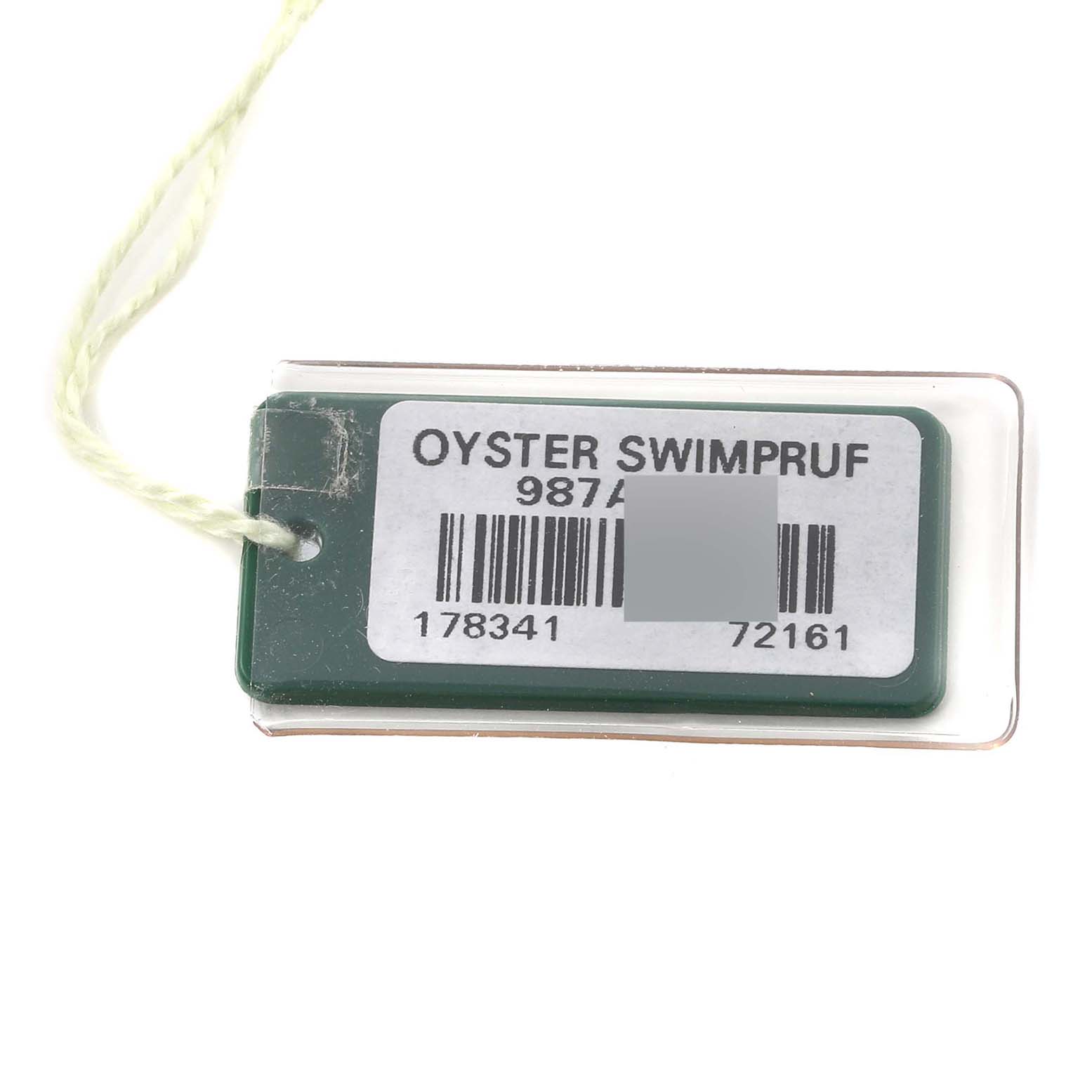 The image shows a close-up of a swing tag for a Rolex Mid-Size 178341 Women's Steel and Gold (two tone) Brown Dial 178341 Women's Steel and Gold (two tone) Brown Dial model watch, labeled "Oyster Swimpruf."