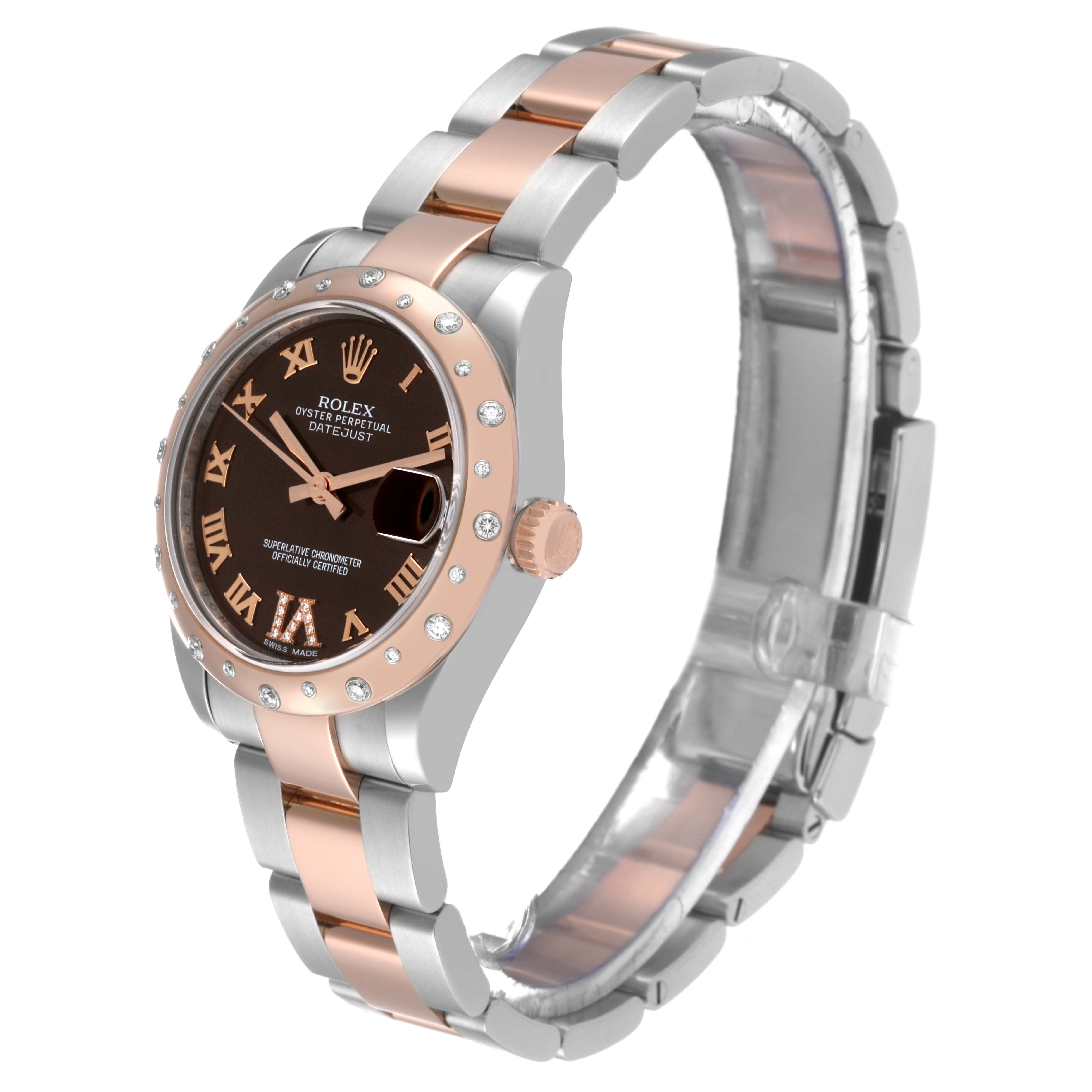 The Rolex Mid-Size 178341 Women's Steel and Gold (two tone) Brown Dial 178341 Women's Steel and Gold (two tone) Brown Dial model watch is shown from a side angle, highlighting its two-tone band, face, and bezel.