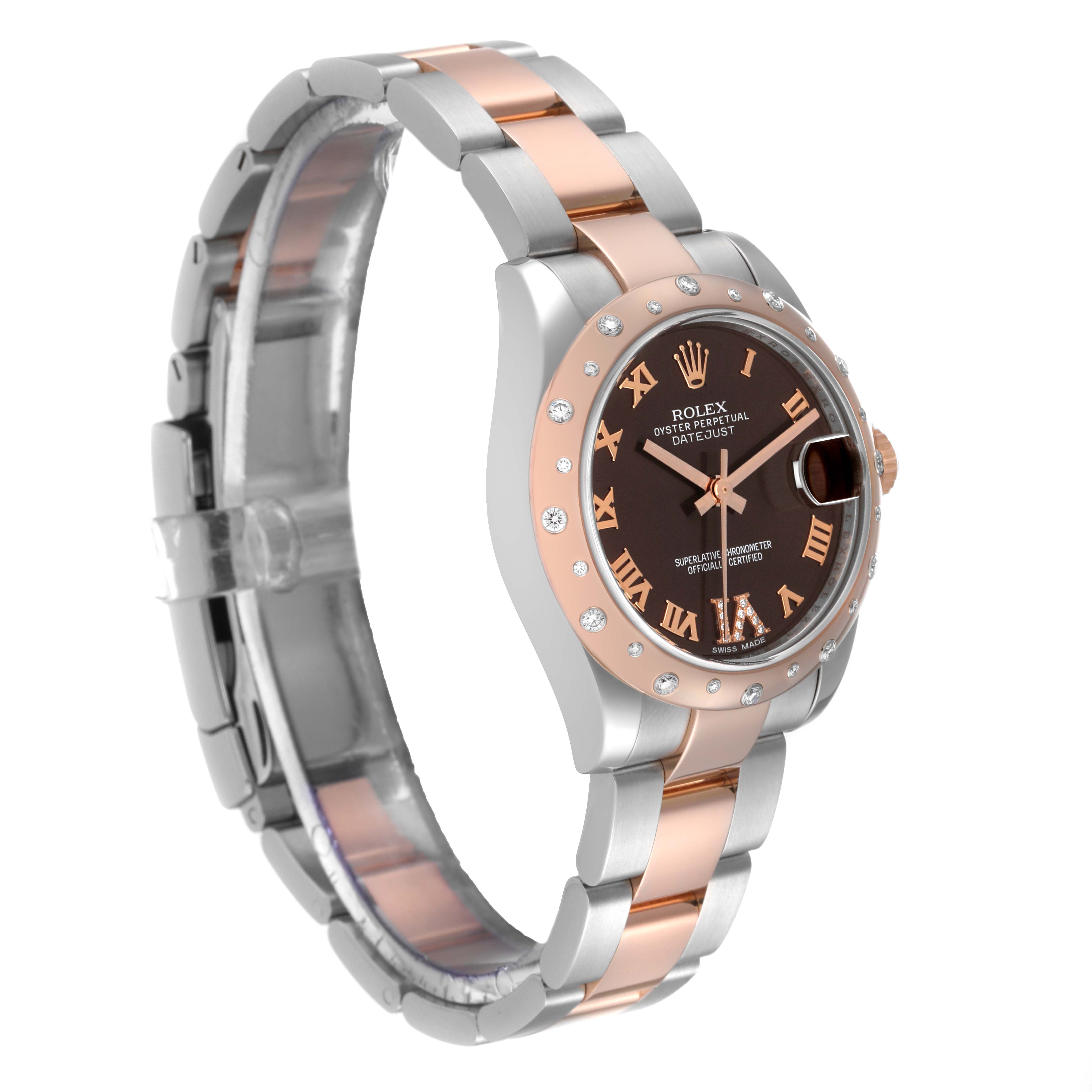 This image shows a side view of a Rolex Mid-Size 178341 Women's Steel and Gold (two tone) Brown Dial 178341 Women's Steel and Gold (two tone) Brown Dial Oyster Perpetual Datejust watch, highlighting the bracelet and face.