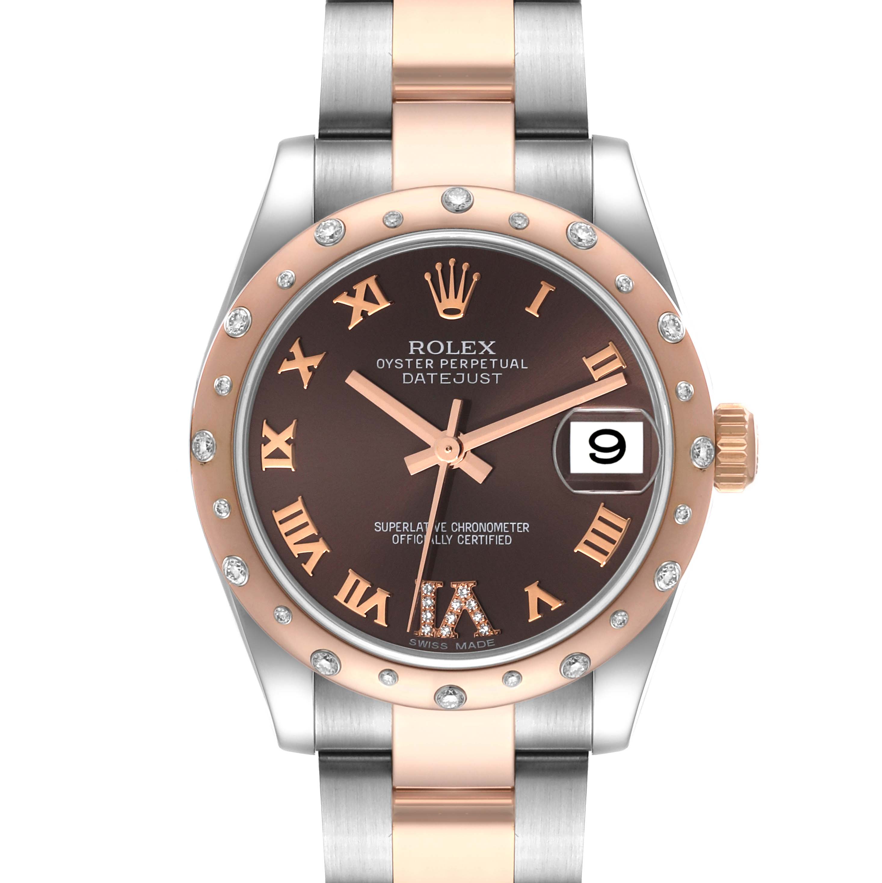 The image shows a frontal view of a Rolex Mid-Size 178341 Women's Steel and Gold (two tone) Brown Dial 178341 Women's Steel and Gold (two tone) Brown Dial Oyster Perpetual Datejust watch, featuring a two-tone metal bracelet and a diamond-studded bezel.