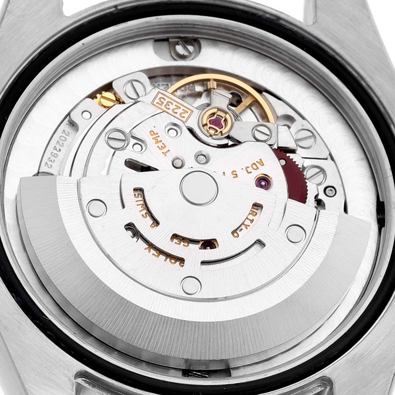 This is a close-up view of the movement and internal mechanics of a Rolex Mid-Size 178271 Women's Steel and Gold (two tone) White Dial 178271 Women's Steel and Gold (two tone) White Dial model watch.