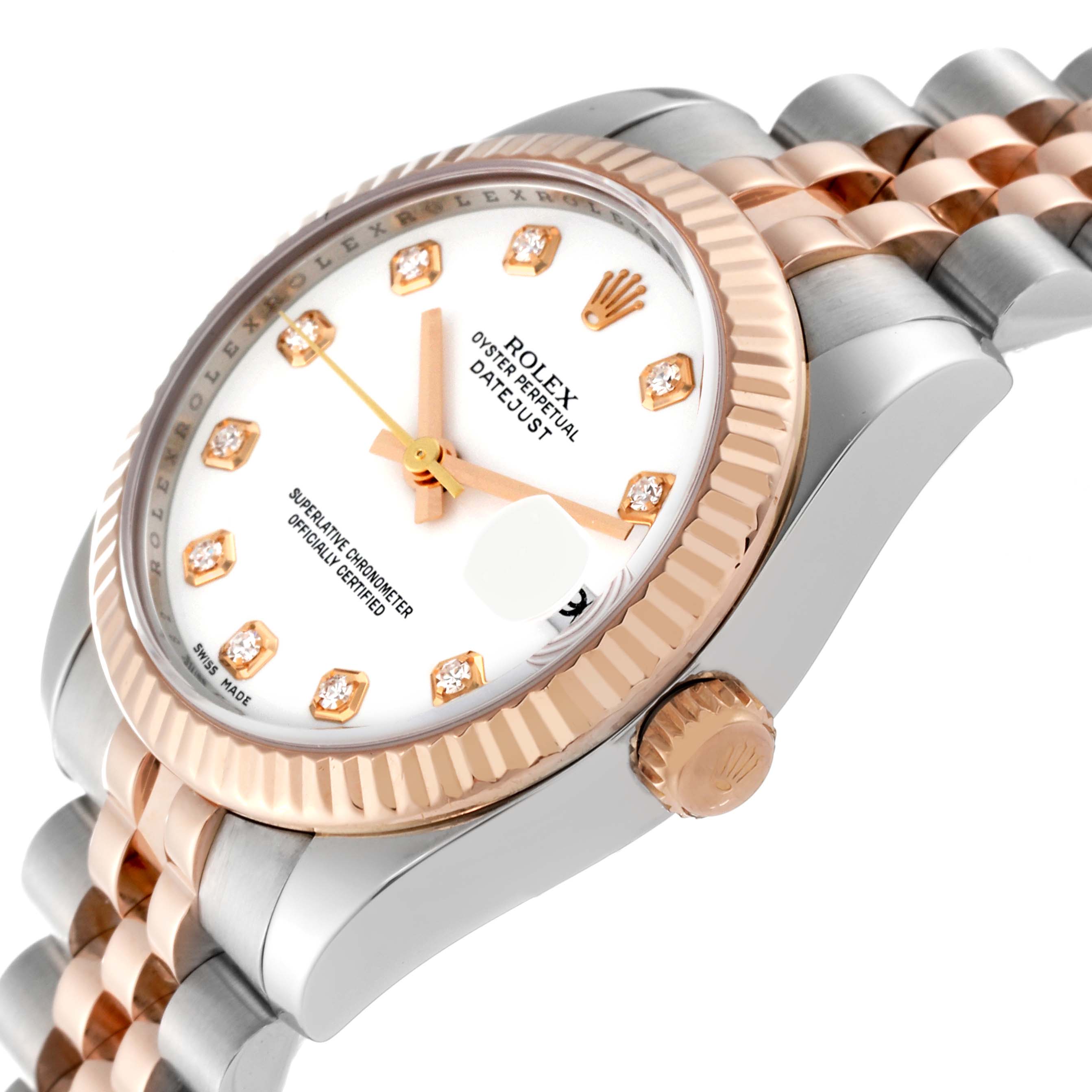 The image shows a side angle of a Rolex Mid-Size 178271 Women's Steel and Gold (two tone) White Dial 178271 Women's Steel and Gold (two tone) White Dial Oyster Perpetual Datejust watch, highlighting its bezel, dial, crown, and bracelet.