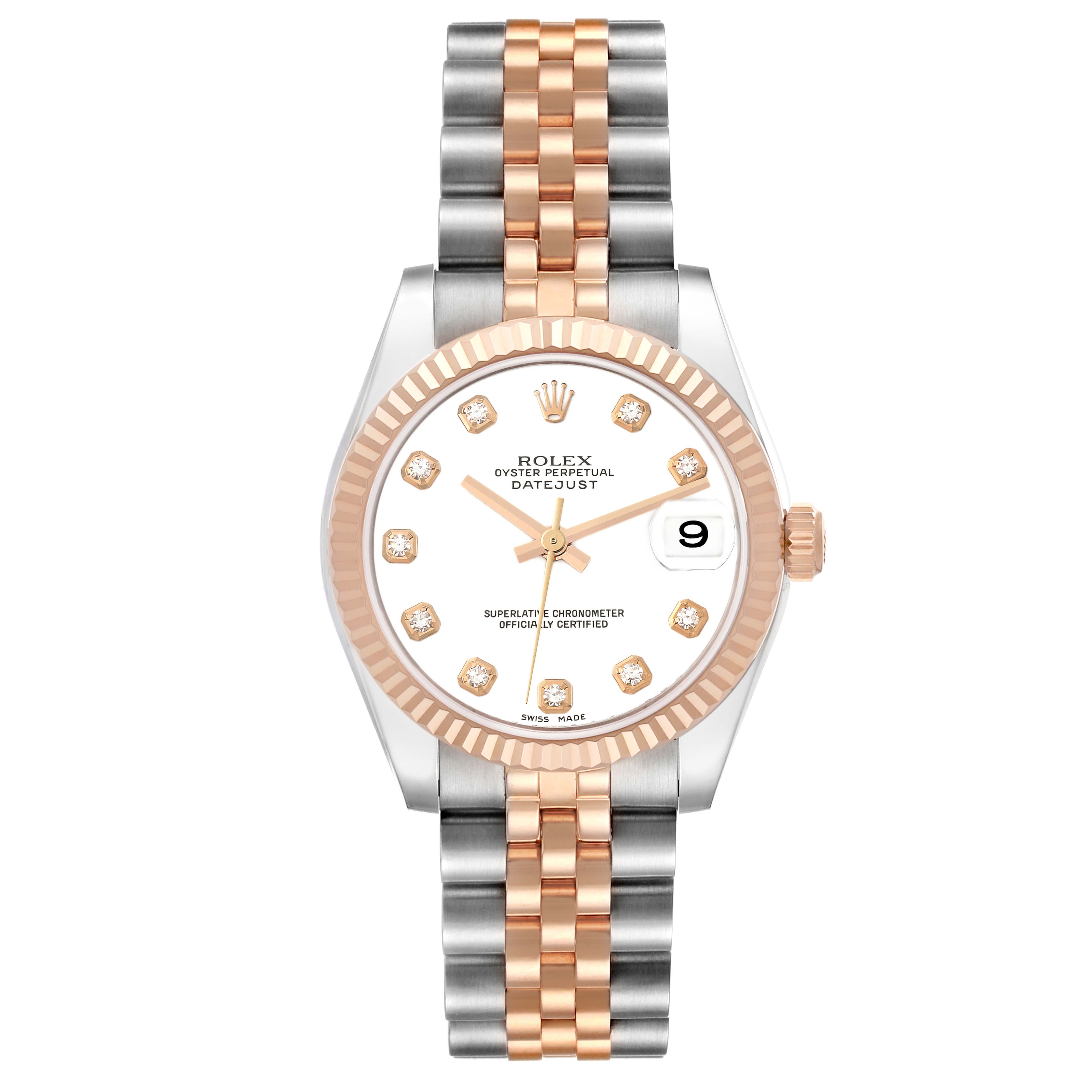This image shows a front view of a Rolex Mid-Size 178271 Women's Steel and Gold (two tone) White Dial 178271 Women's Steel and Gold (two tone) White Dial Datejust, highlighting the dial, bezel, hands, and two-tone bracelet.