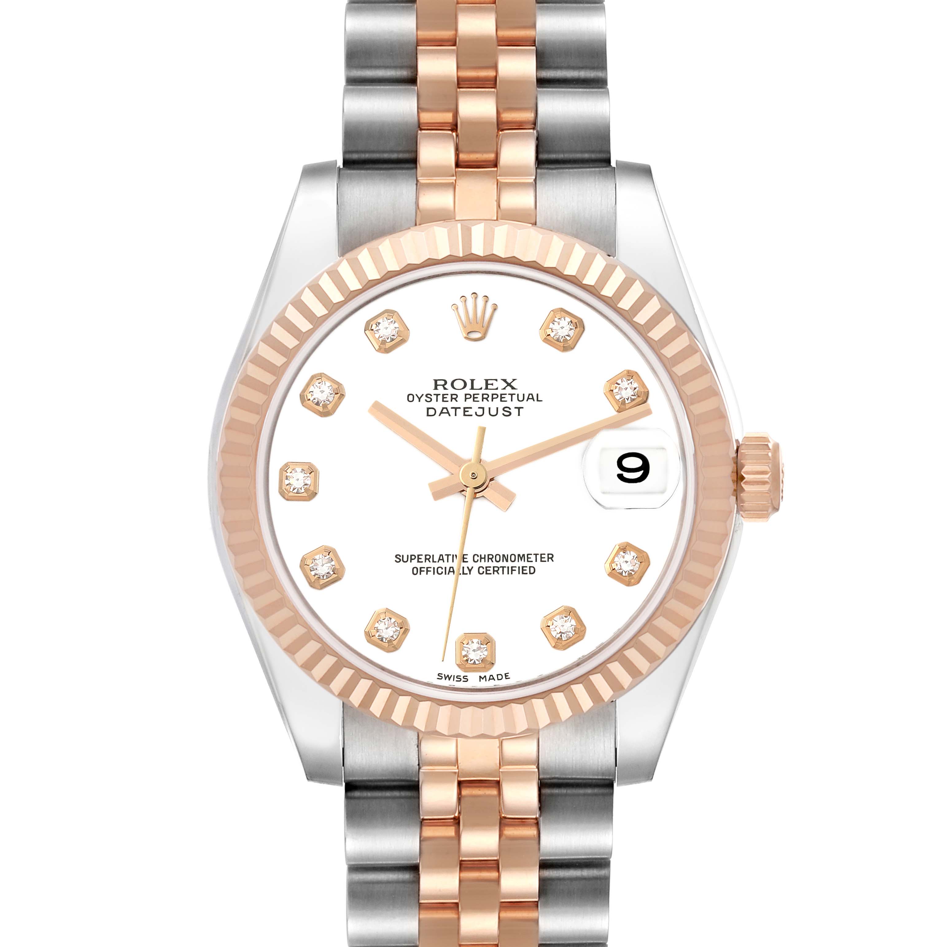 This is a front view of a Rolex Datejust Mid-Size watch showing the dial, bezel, and bracelet.