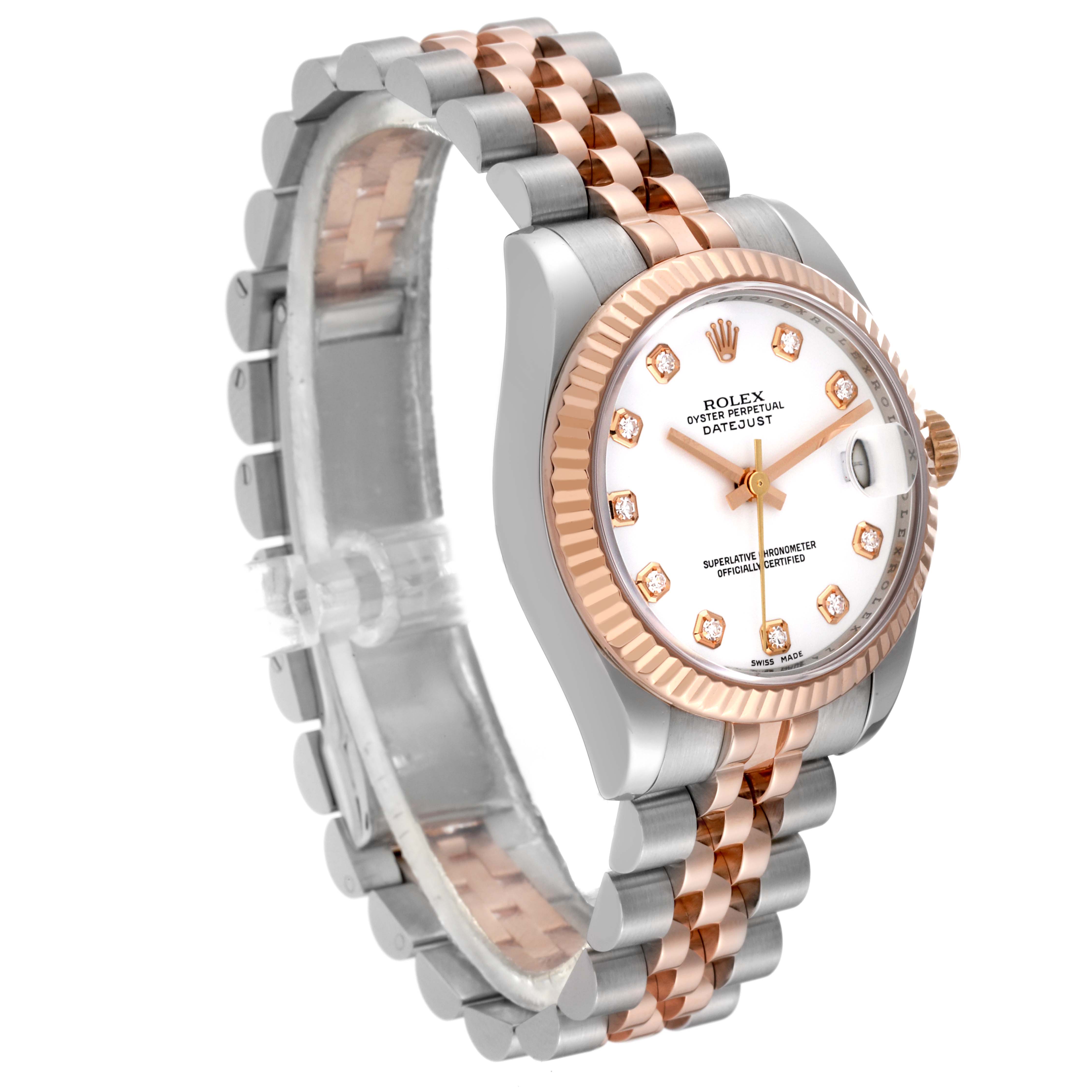 This image shows a side and front view of a Rolex Mid-Size 178271 Women's Steel and Gold (two tone) White Dial 178271 Women's Steel and Gold (two tone) White Dial Datejust with a two-tone metal band and diamond hour markers.