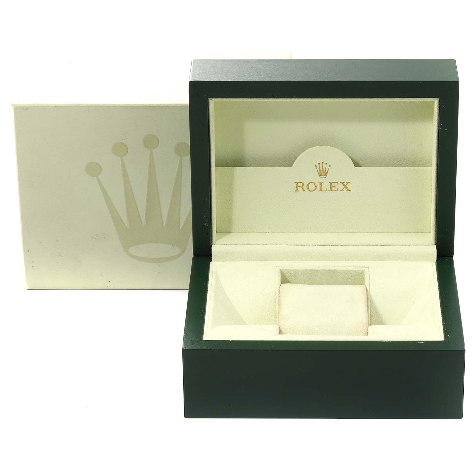 This image shows an open Rolex watch box designed for a Mid-Size model, revealing the interior cushion and compartment.
