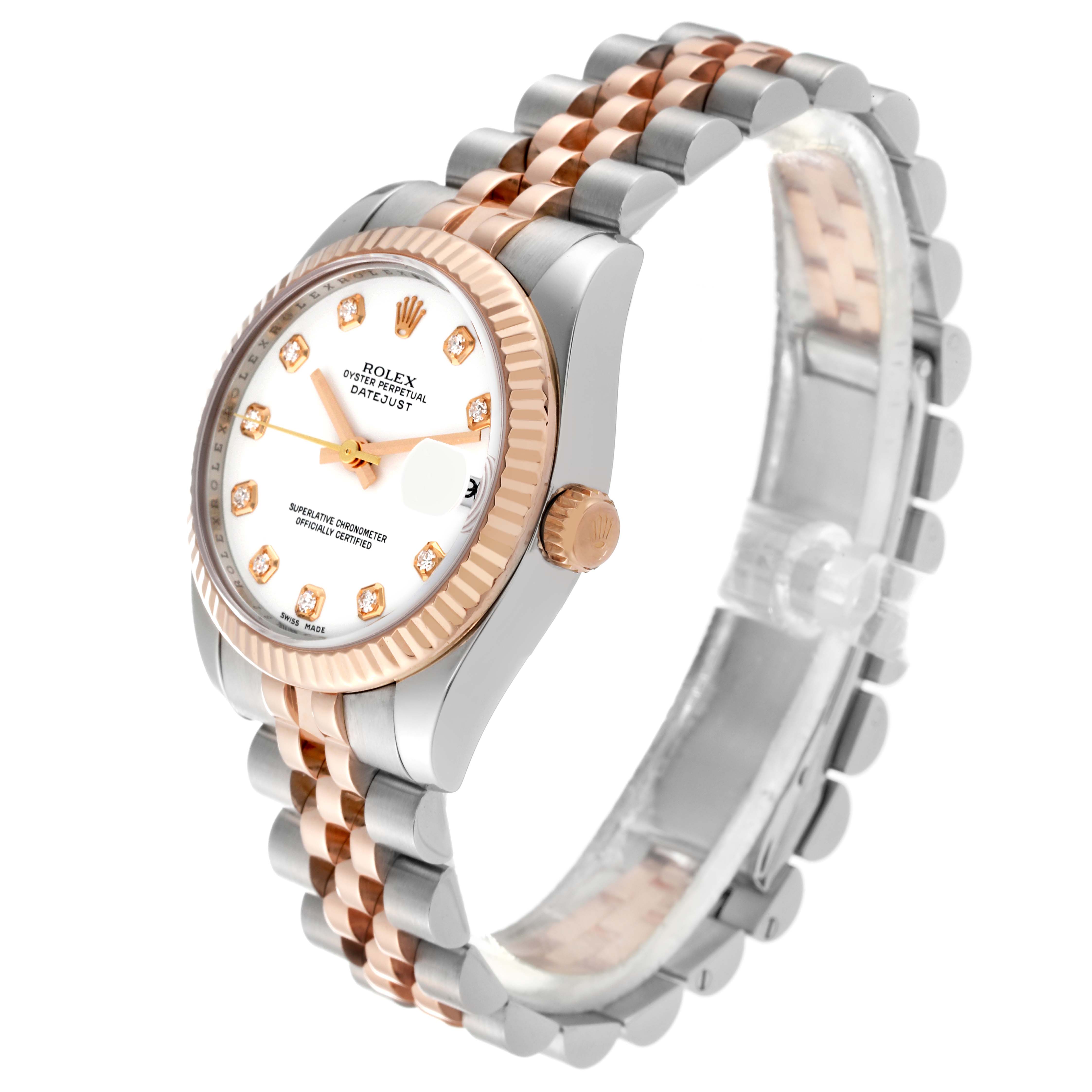 The image shows a Mid-Size Rolex Datejust watch at an angle, highlighting the face, bezel, crown, and two-tone bracelet.
