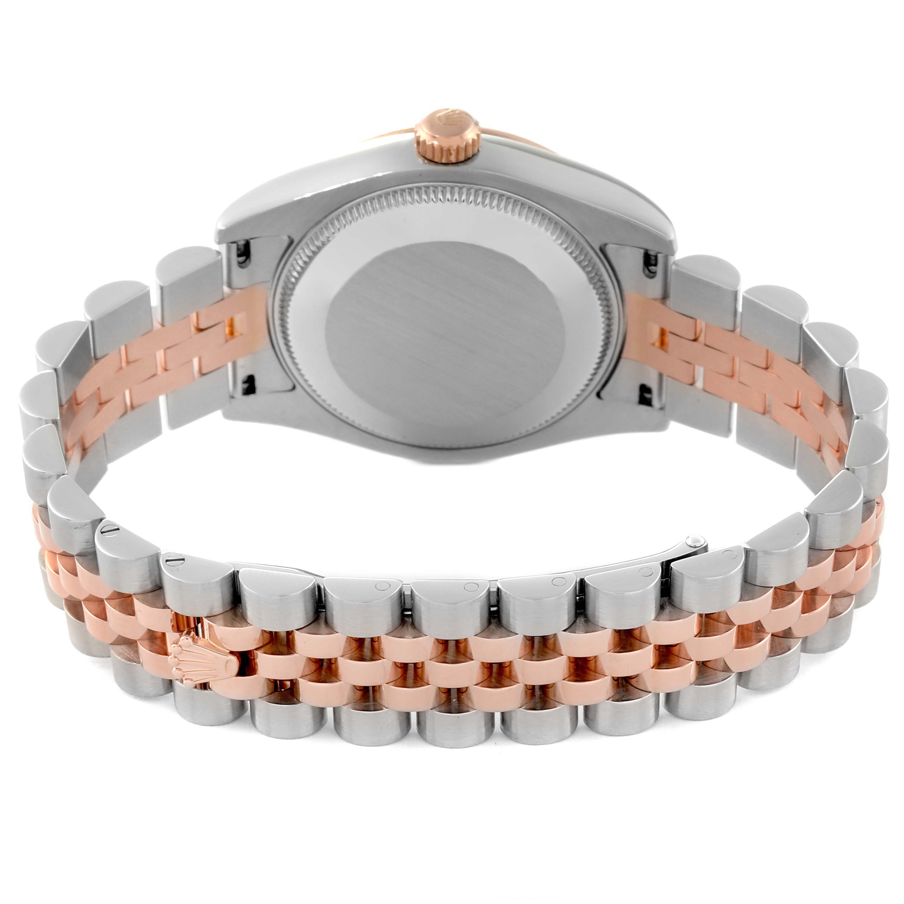 The image shows the back view of the Rolex Mid-Size 178271 Women's Steel and Gold (two tone) White Dial 178271 Women's Steel and Gold (two tone) White Dial model watch, highlighting the case back and the two-tone metal bracelet.