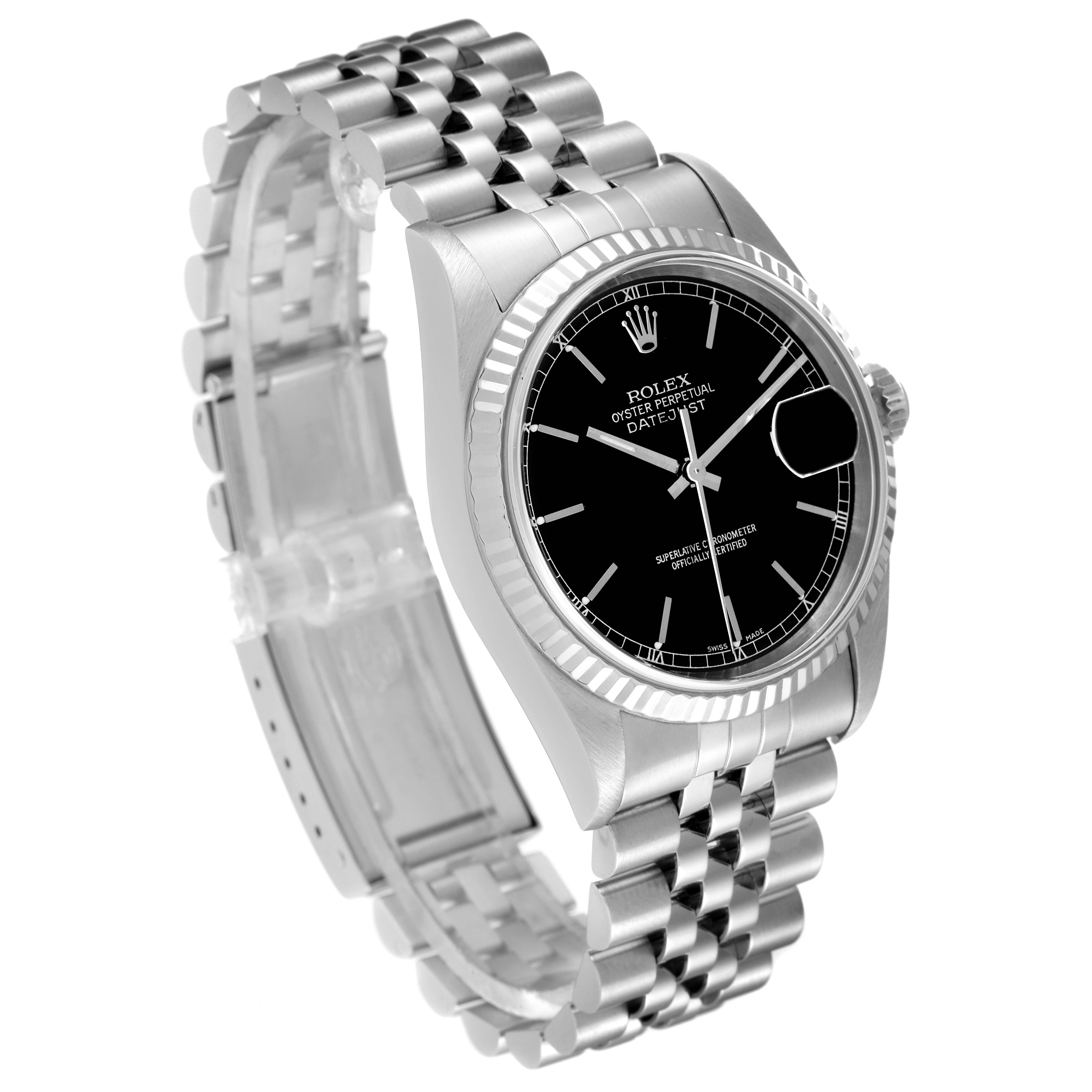 This image shows a Rolex Datejust 16234 Men's Stainless Steel Black Dial 16234 Men's Stainless Steel Black Dial watch from an angle that highlights its face, crown, and bracelet.
