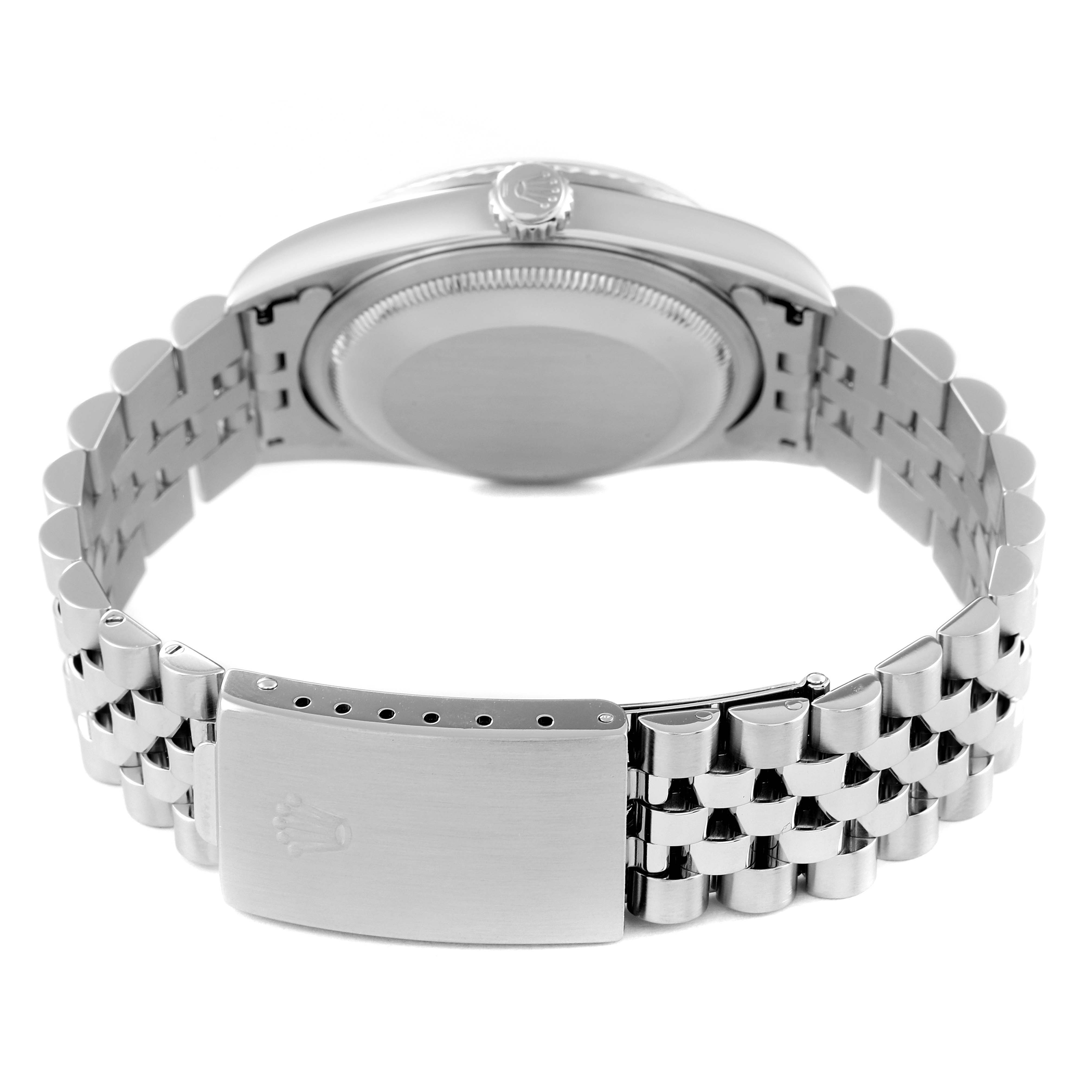 The image shows the back view of a Rolex Datejust 16234 Men's Stainless Steel Black Dial 16234 Men's Stainless Steel Black Dial watch, highlighting the case back and Jubilee bracelet with a clasp.