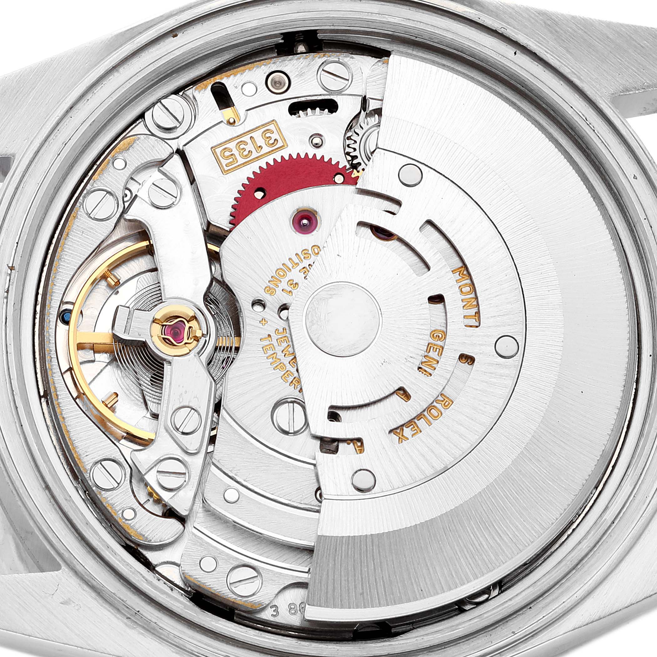 The image shows the inner mechanical movement of a Rolex Datejust 16234 Men's Stainless Steel Black Dial 16234 Men's Stainless Steel Black Dial watch with visible components and engravings.