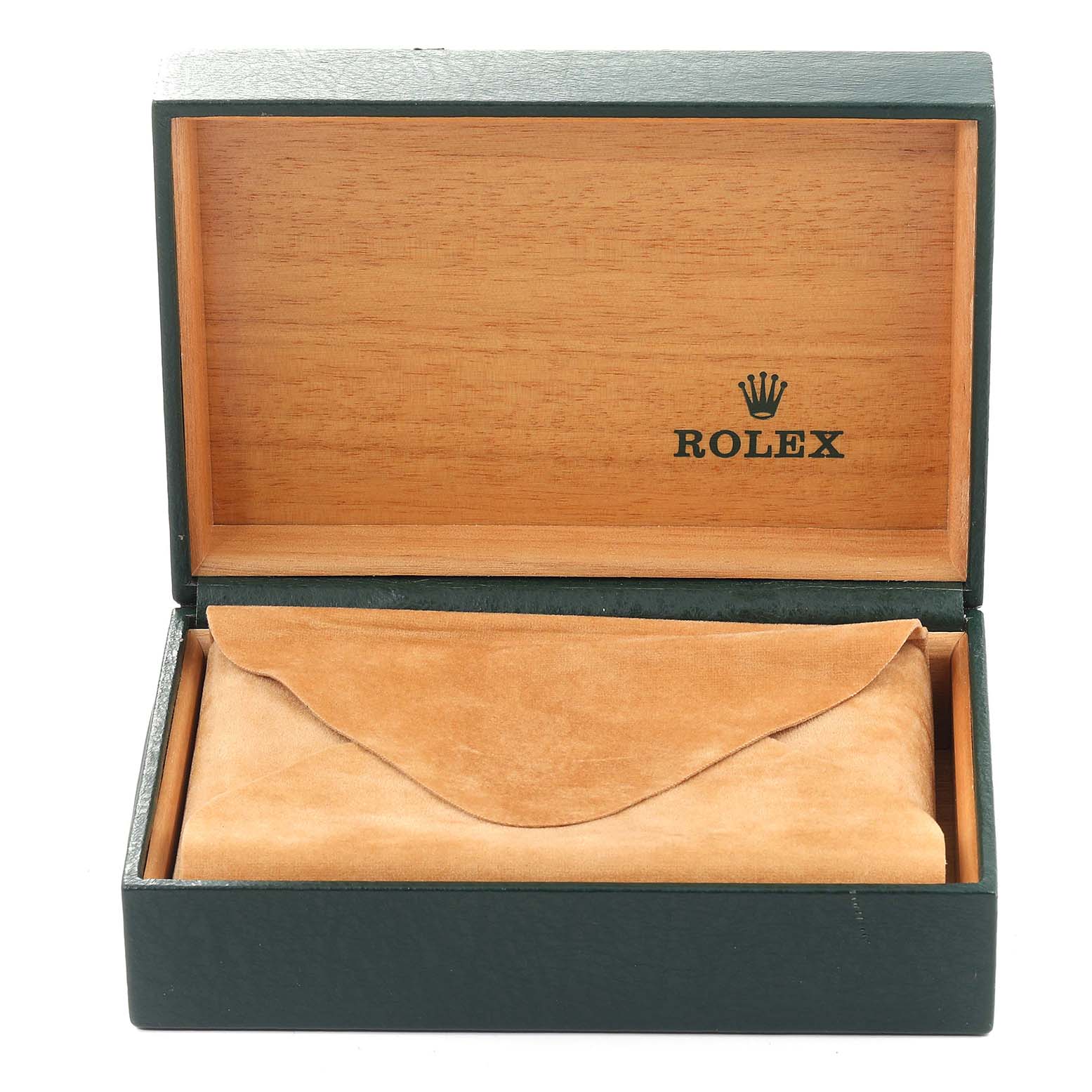The image shows an open wooden Rolex box displaying a suede pouch, likely containing the Datejust model watch.