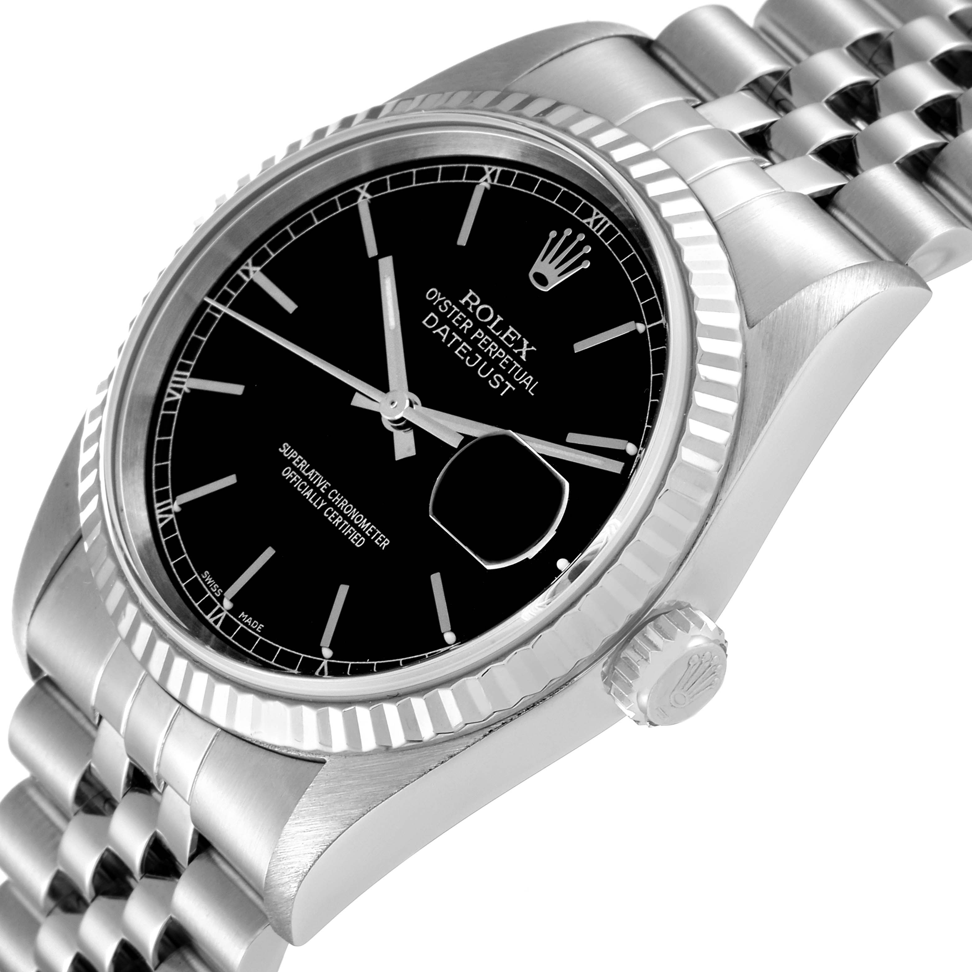 This image shows a close-up front angle of a Rolex Datejust 16234 Men's Stainless Steel Black Dial 16234 Men's Stainless Steel Black Dial watch, highlighting its black dial, fluted bezel, and a portion of its bracelet.