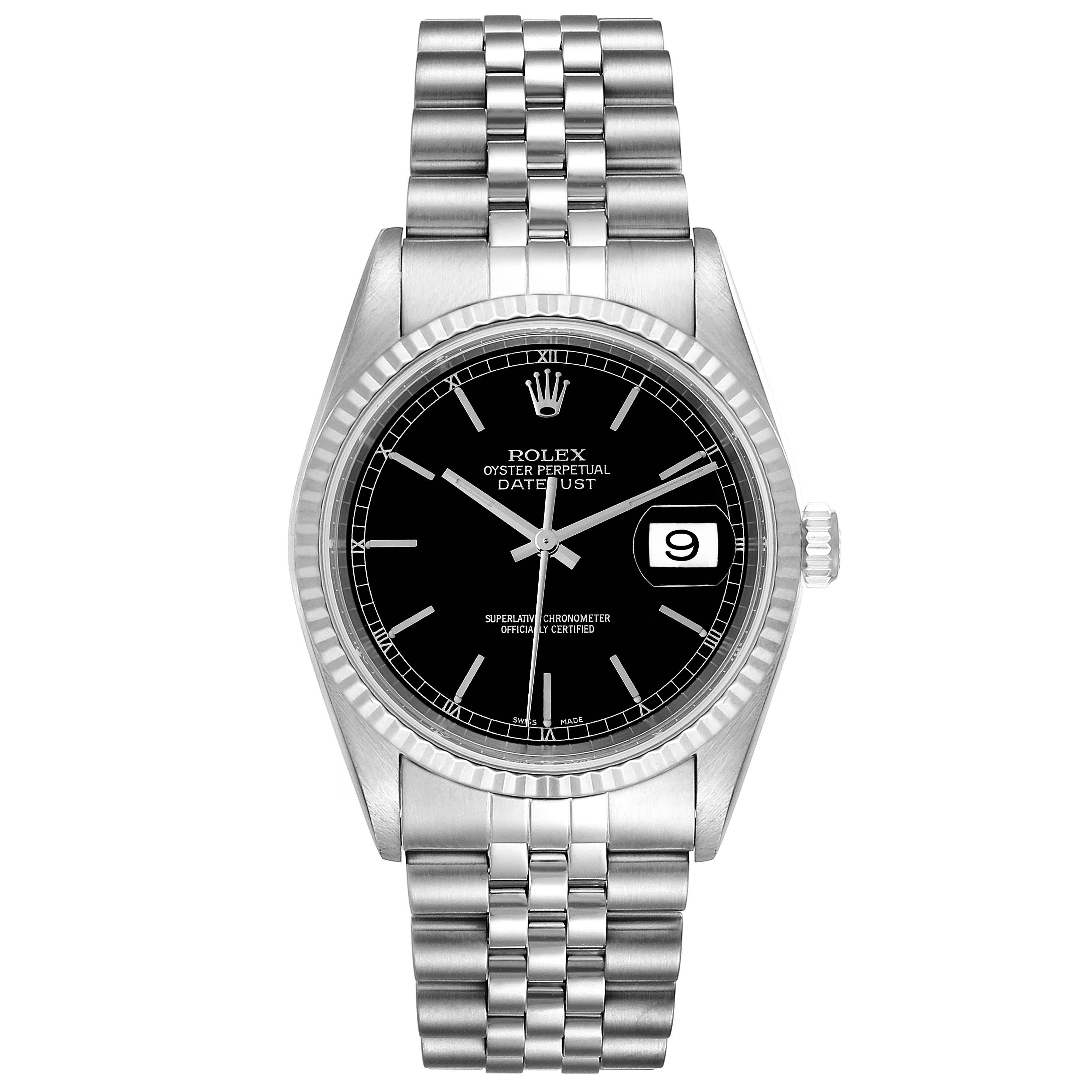 The image shows a front view of a Rolex Datejust 16234 Men's Stainless Steel Black Dial 16234 Men's Stainless Steel Black Dial watch featuring a black dial, fluted bezel, and Jubilee bracelet.
