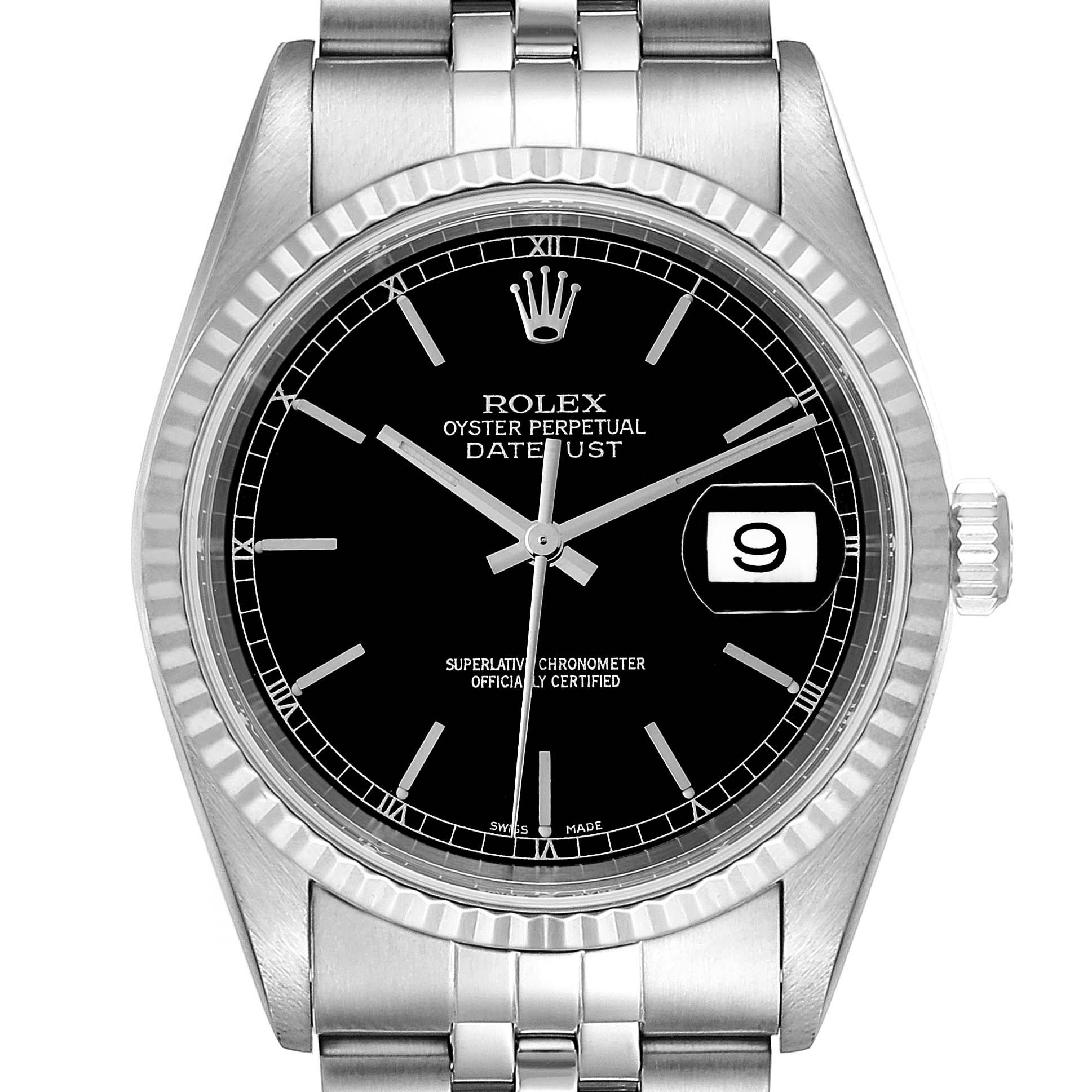 The image shows a front view of a Rolex Datejust 16234 Men's Stainless Steel Black Dial 16234 Men's Stainless Steel Black Dial watch, highlighting its black dial, silver bracelet, and date window.