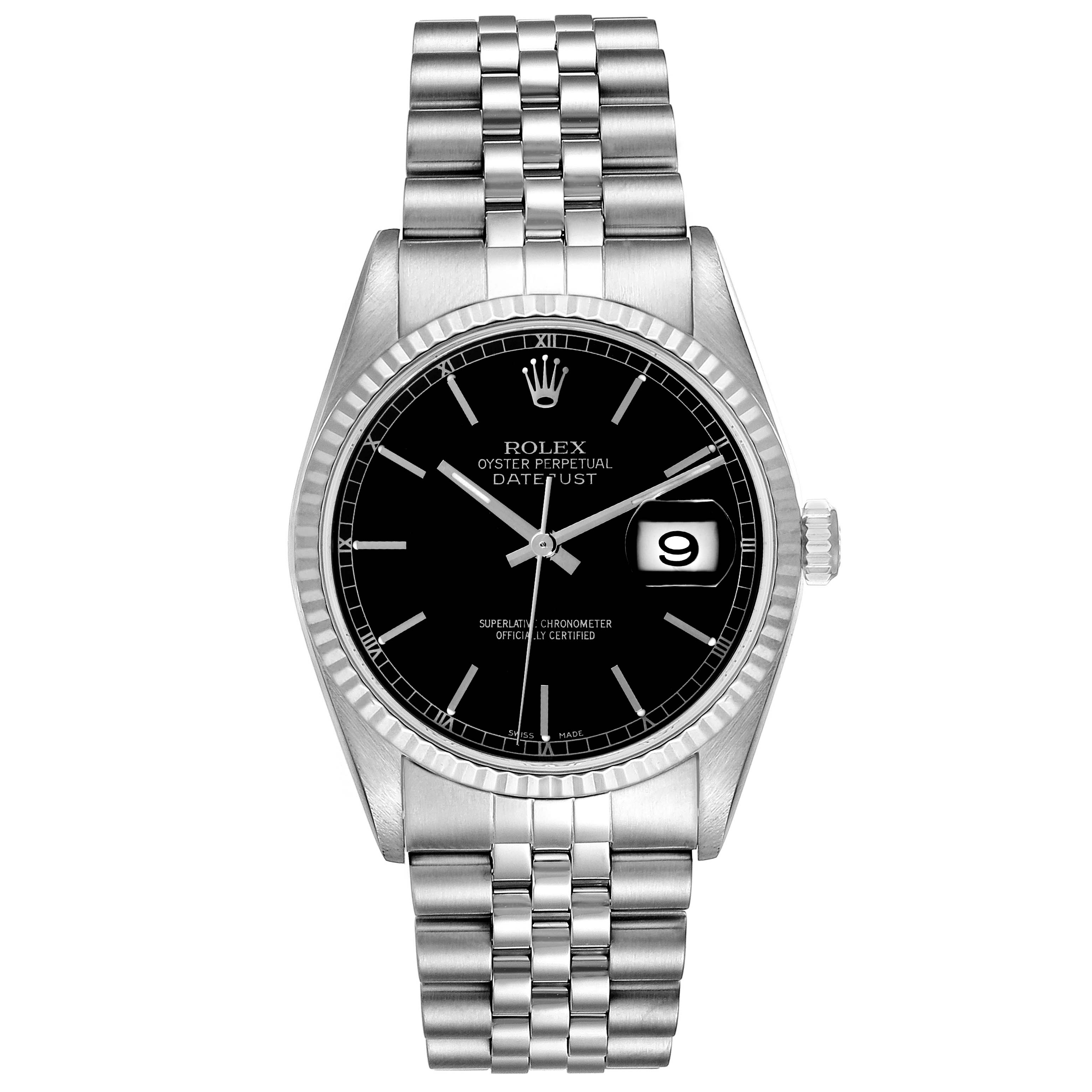 The image shows a Rolex Datejust 16234 Men's Stainless Steel Black Dial 16234 Men's Stainless Steel Black Dial watch, displaying the entire face, dial, and bracelet from a front angle.