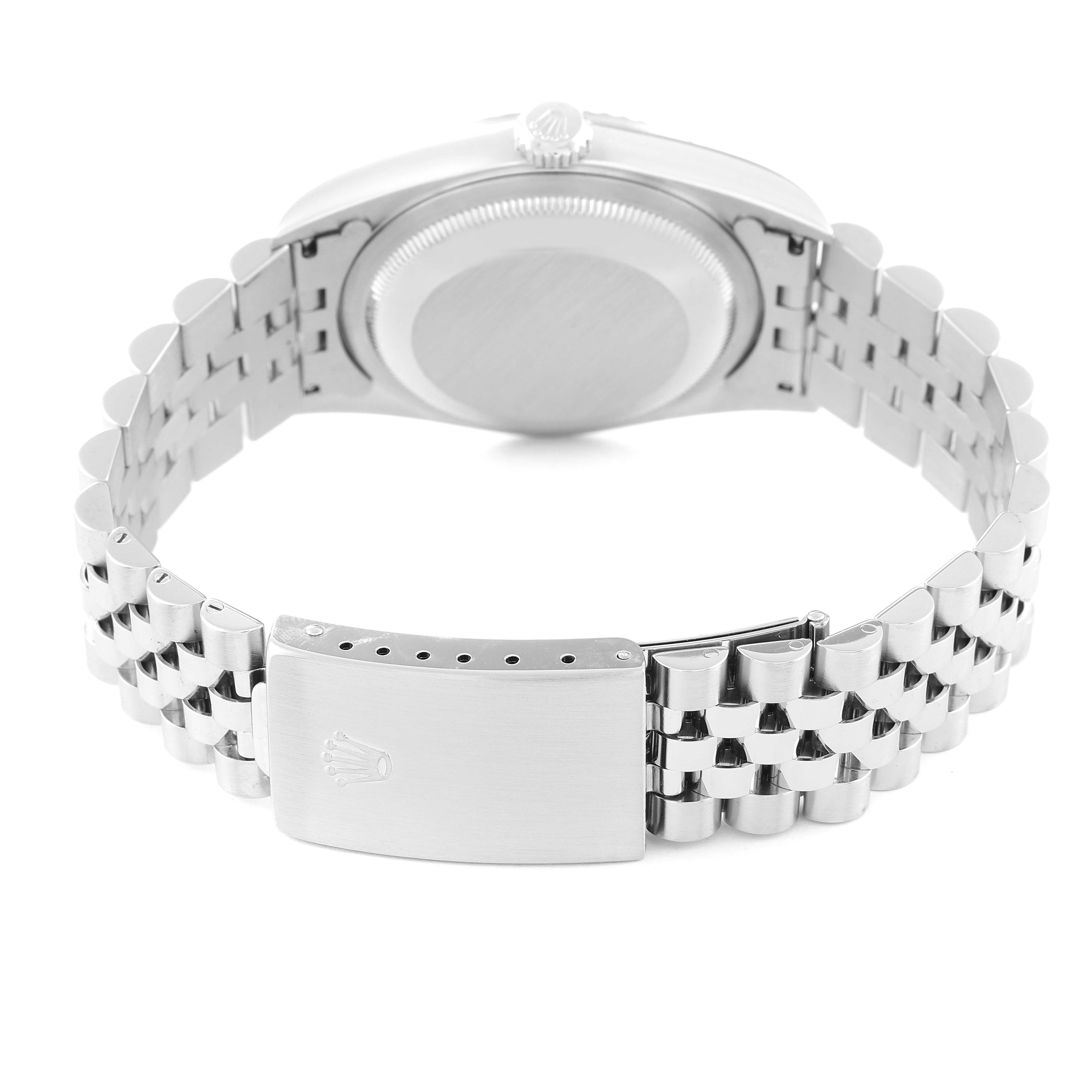 This image shows the back of the Rolex Datejust 16234 Men's Stainless Steel Black Dial 16234 Men's Stainless Steel Black Dial watch, highlighting its stainless steel case back and jubilee bracelet with the clasp.