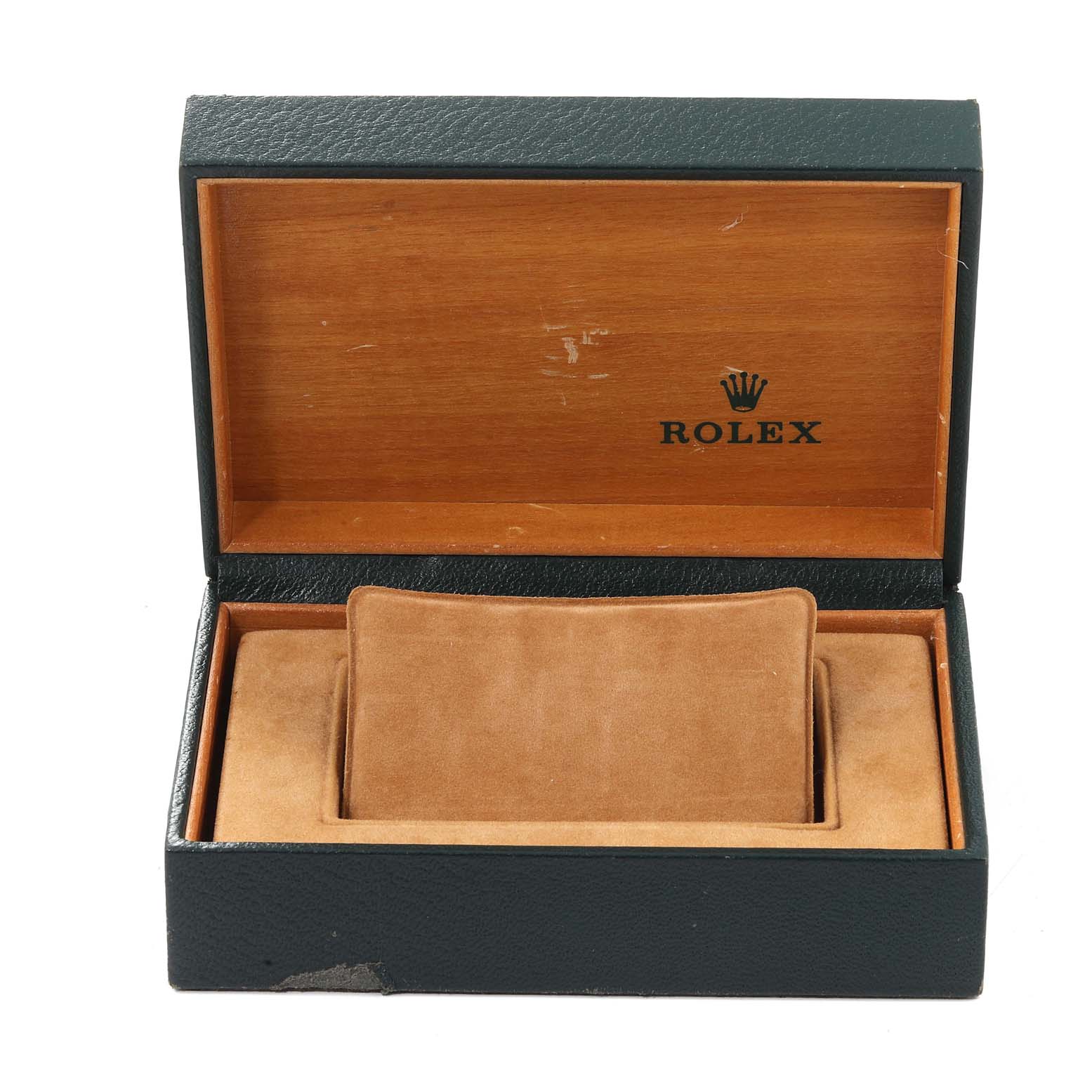 This image shows an open Rolex Datejust 16234 Men's Stainless Steel Black Dial 16234 Men's Stainless Steel Black Dial watch box, displaying the inner cushion and the Rolex logo.