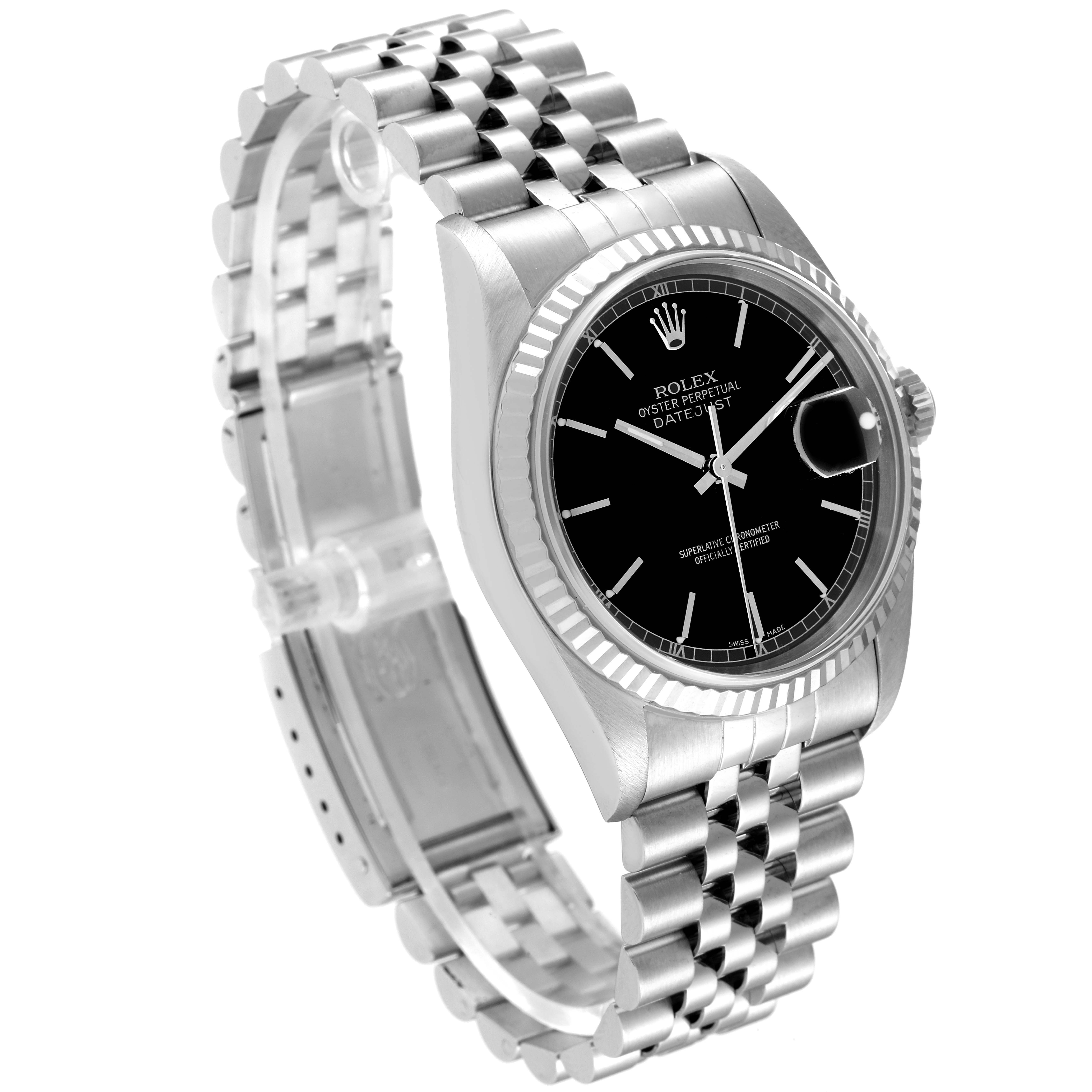 The Rolex Datejust 16234 Men's Stainless Steel Black Dial 16234 Men's Stainless Steel Black Dial watch is shown at a three-quarter angle, highlighting its face, case, and bracelet.