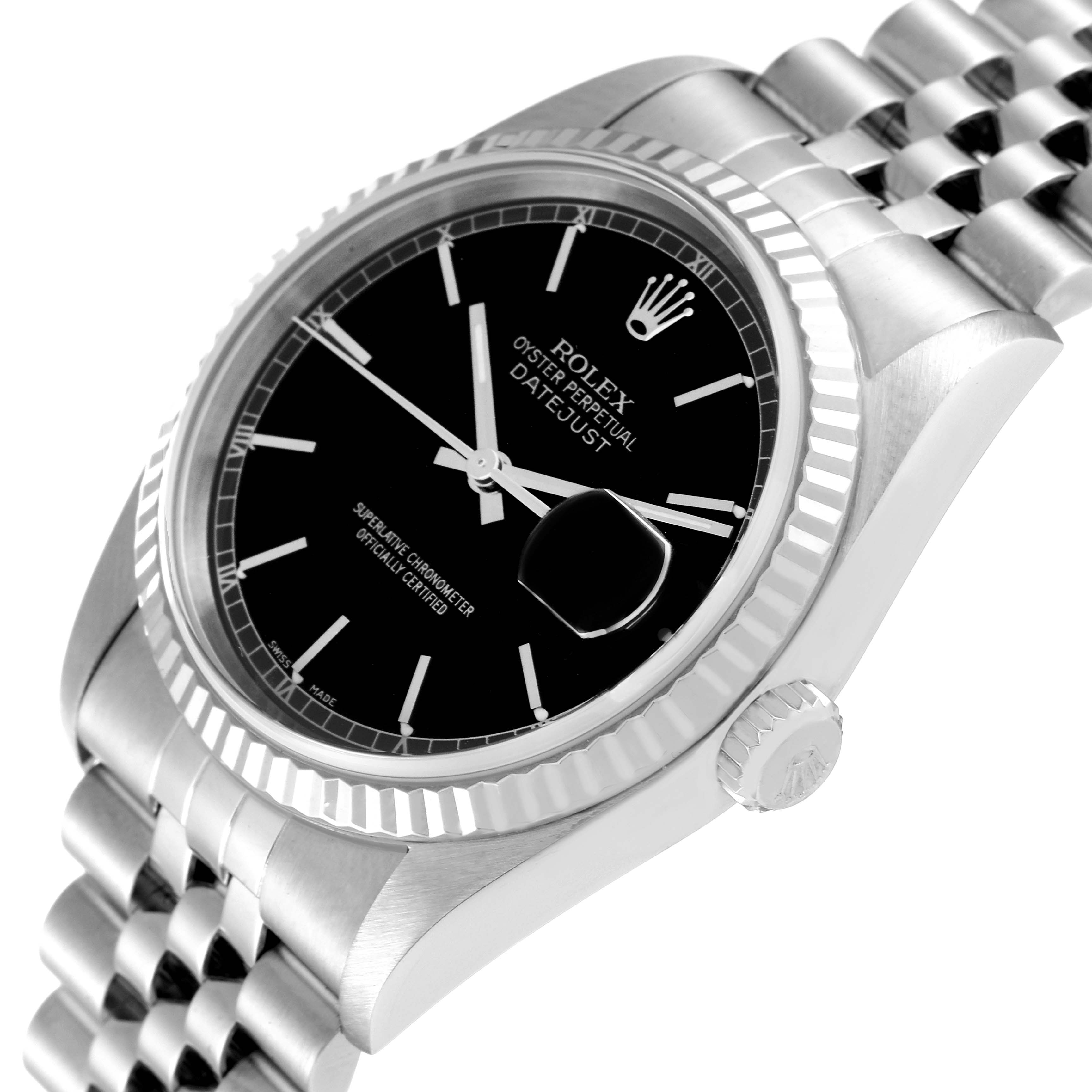 The image shows a close-up side angle of a Rolex Datejust 16234 Men's Stainless Steel Black Dial 16234 Men's Stainless Steel Black Dial watch, highlighting the crown, bezel, and bracelet.