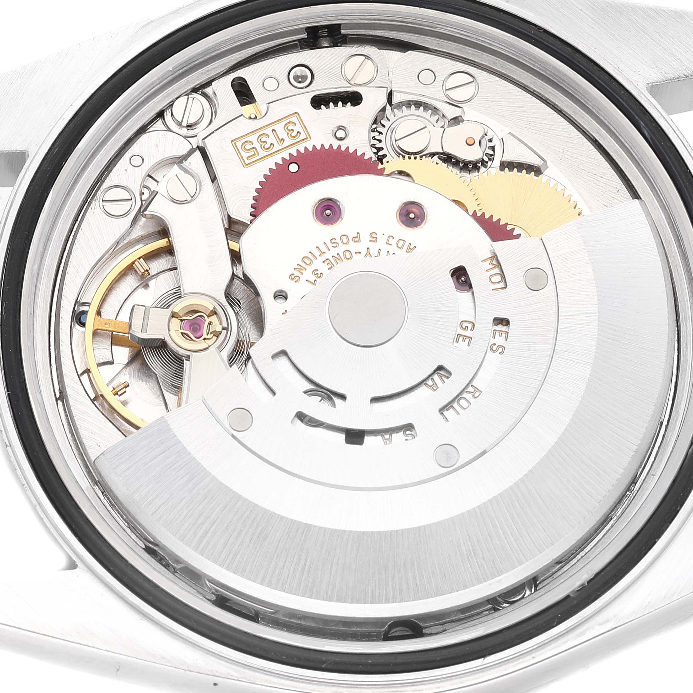 This image shows a close-up of the movement inside a Rolex Datejust 16234 Men's Stainless Steel Black Dial 16234 Men's Stainless Steel Black Dial model watch, highlighting its intricate components.