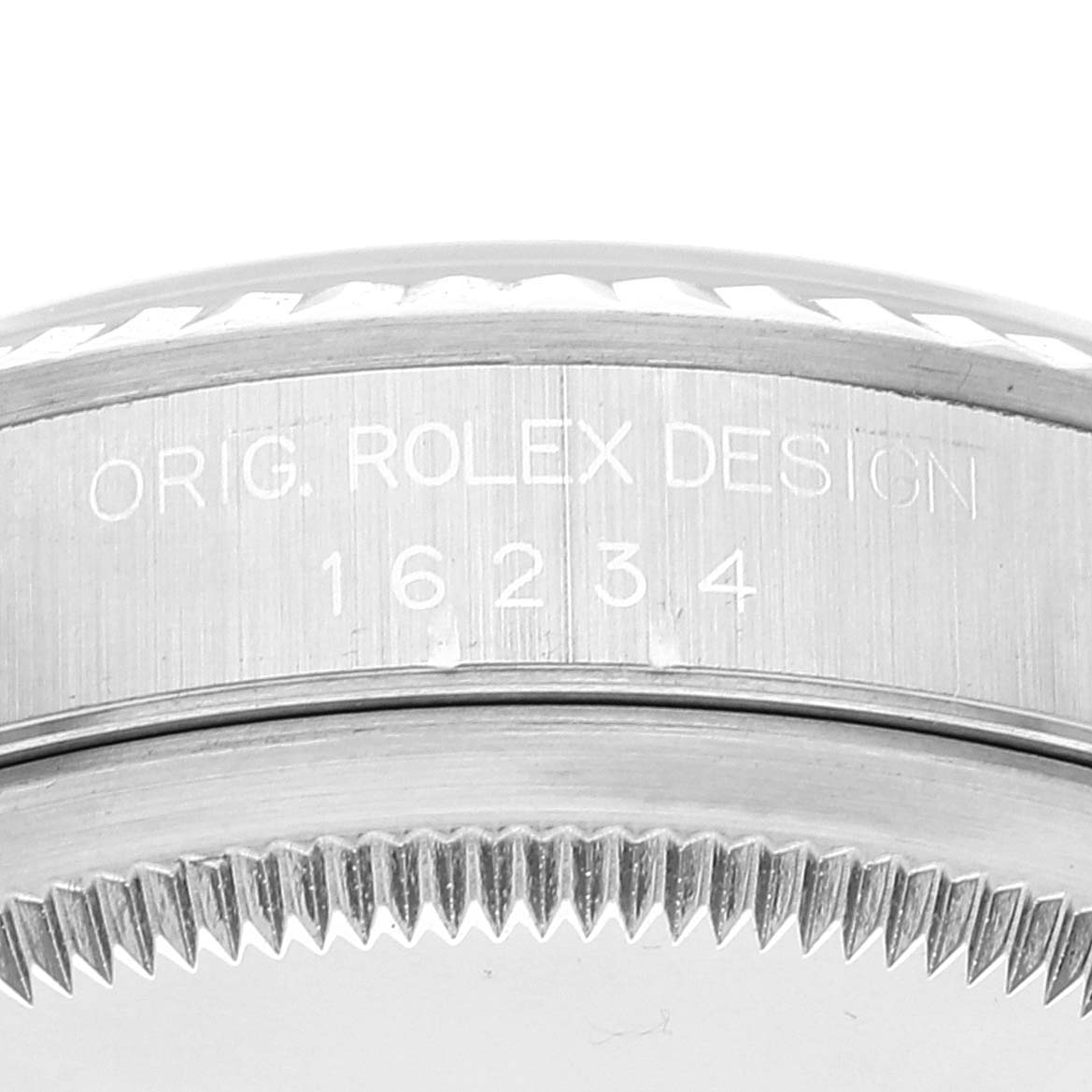 This close-up shows the engraved model number "16234" and "ORIG. ROLEX DESIGN" on the case side of the Rolex Datejust 16234 Men's Stainless Steel Black Dial 16234 Men's Stainless Steel Black Dial watch.