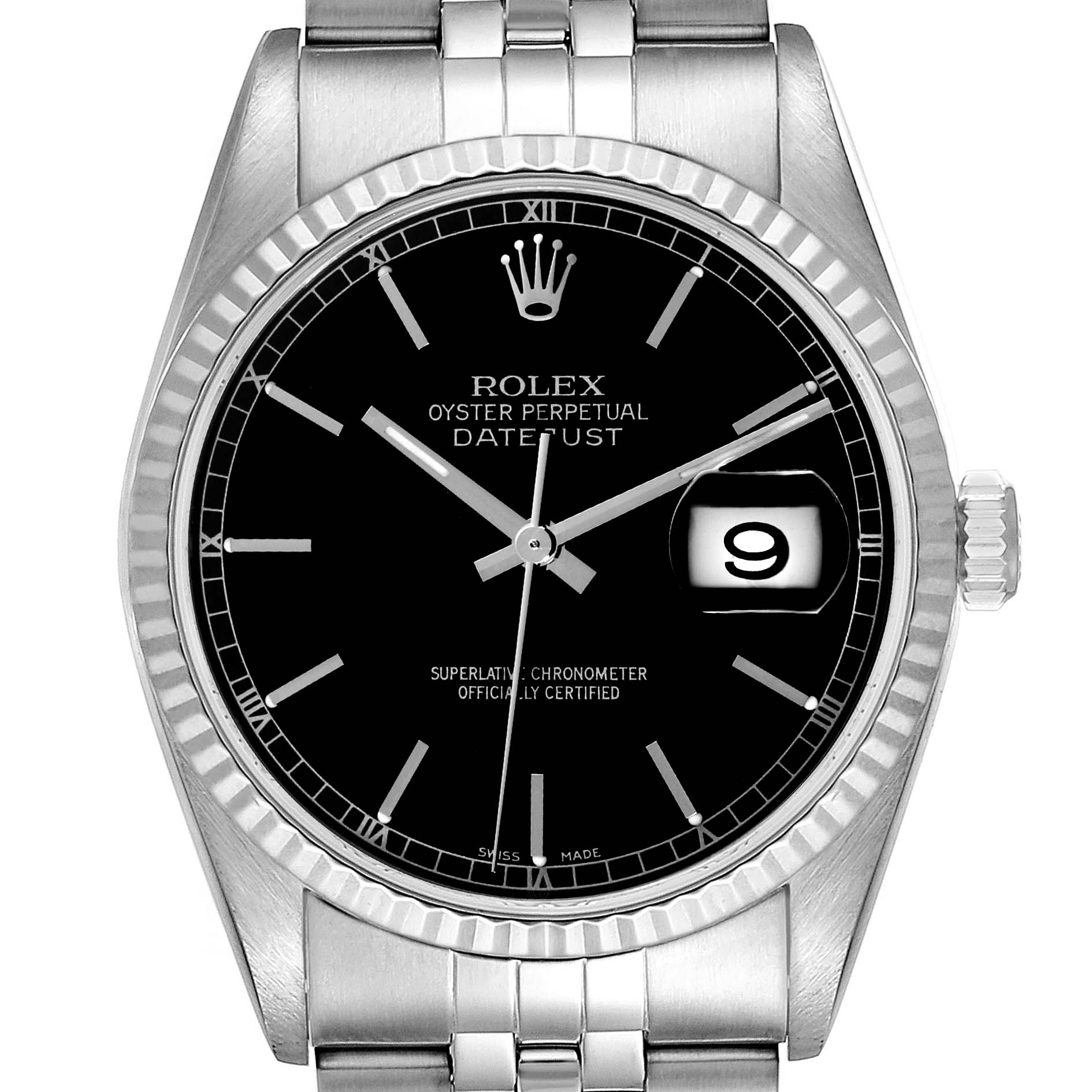 This is a front view of the Rolex Datejust 16234 Men's Stainless Steel Black Dial 16234 Men's Stainless Steel Black Dial watch, showing its black dial, date window, fluted bezel, and part of the bracelet.