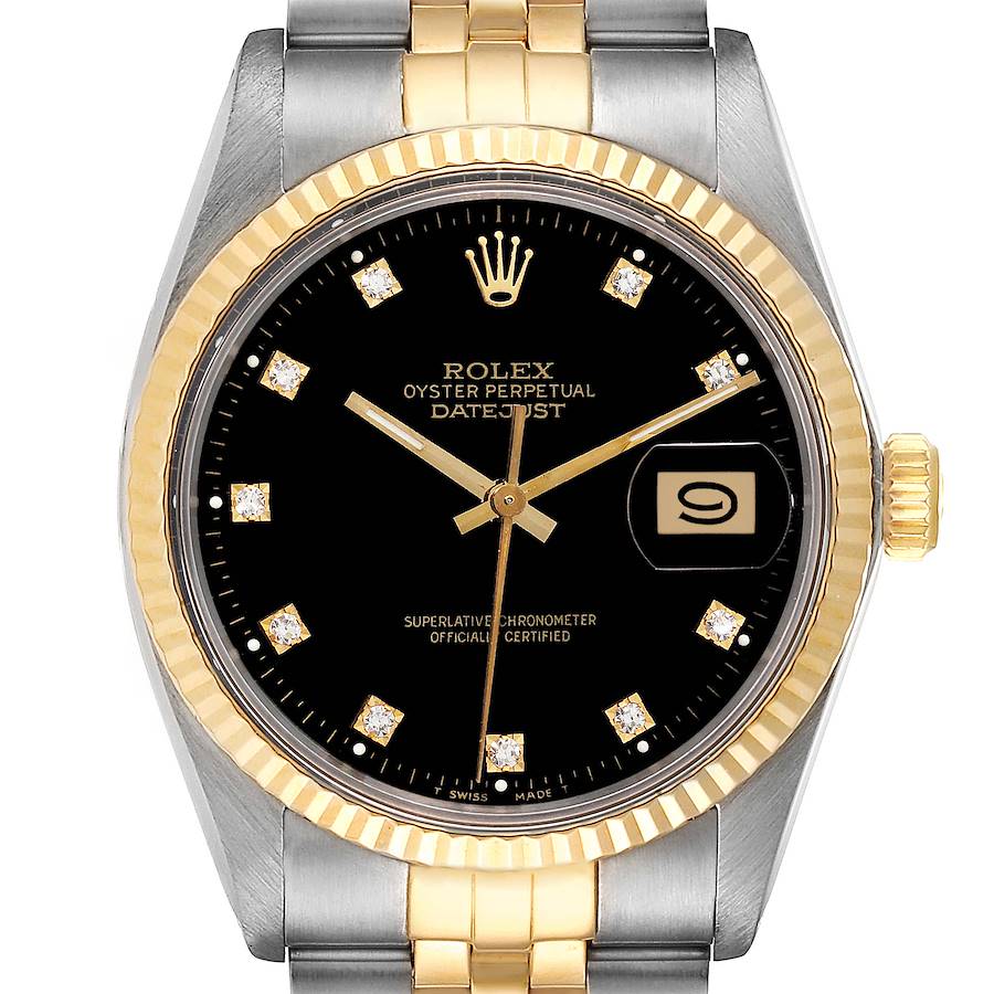 Rolex Datejust 36 Steel Yellow Gold Black Diamond Dial Vintage Mens Watch 16013 SwissWatchExpo