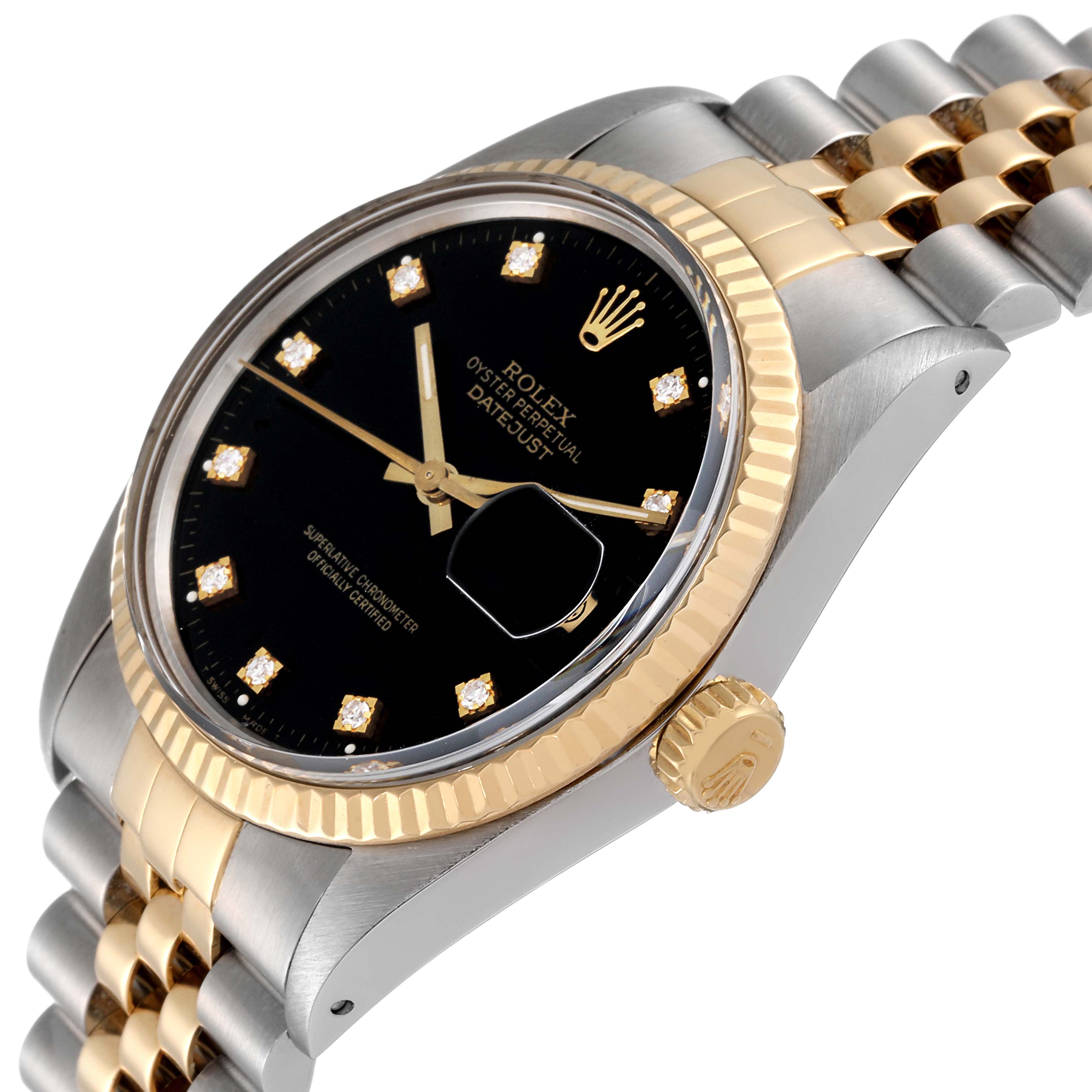 The image shows a Rolex Vintage Collection 16013 Men's Steel and Gold (two tone) Black Dial 16013 Men's Steel and Gold (two tone) Black Dial model watch at an angled view, highlighting the black dial, gold fluted bezel, and Jubilee bracelet.
