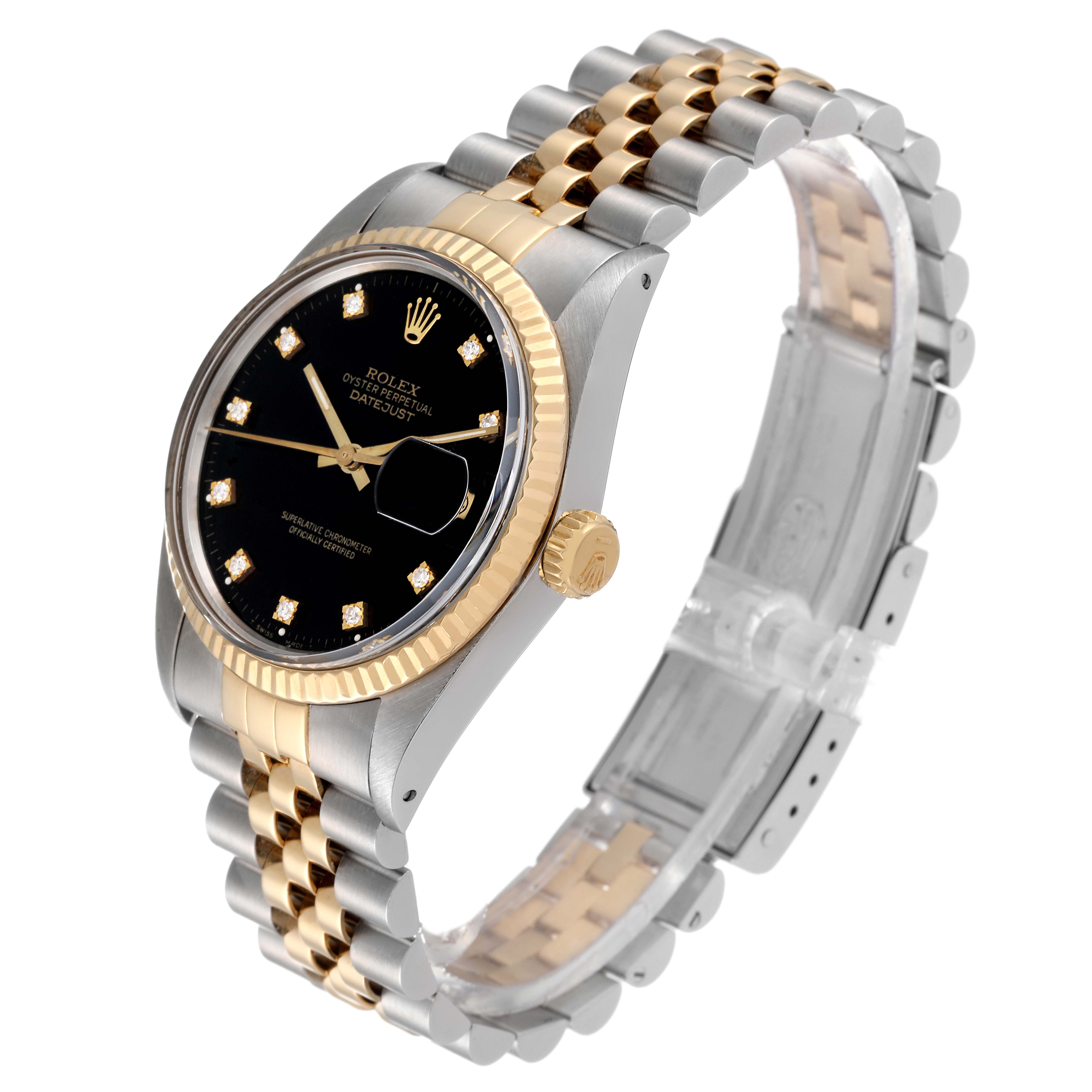 The image shows a Rolex Vintage Collection 16013 Men's Steel and Gold (two tone) Black Dial 16013 Men's Steel and Gold (two tone) Black Dial watch at a three-quarter angle, highlighting its two-tone bracelet and dial.