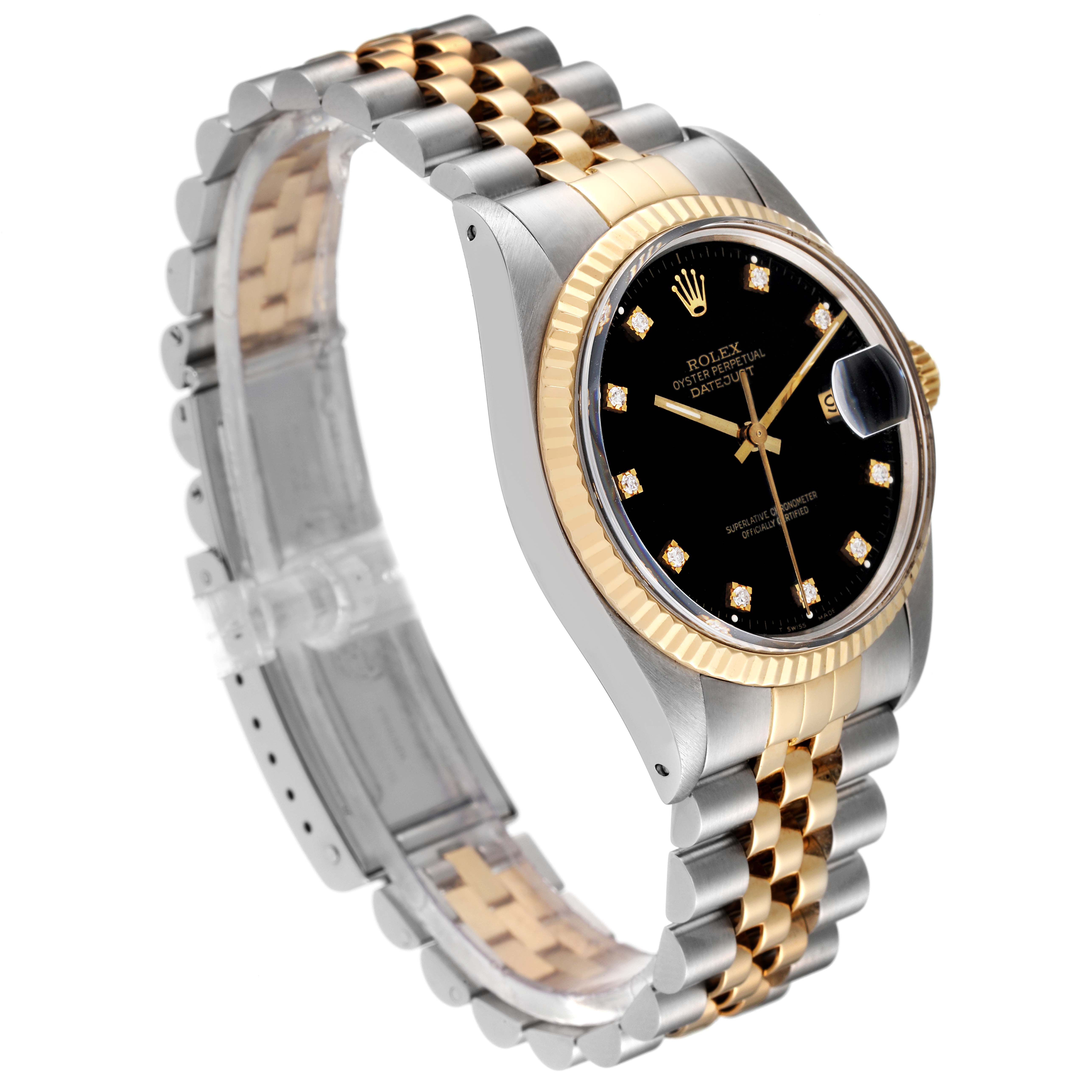 The Rolex Vintage Collection 16013 Men's Steel and Gold (two tone) Black Dial 16013 Men's Steel and Gold (two tone) Black Dial watch is shown at a three-quarter angle, displaying the face, bezel, crown, and two-tone bracelet.