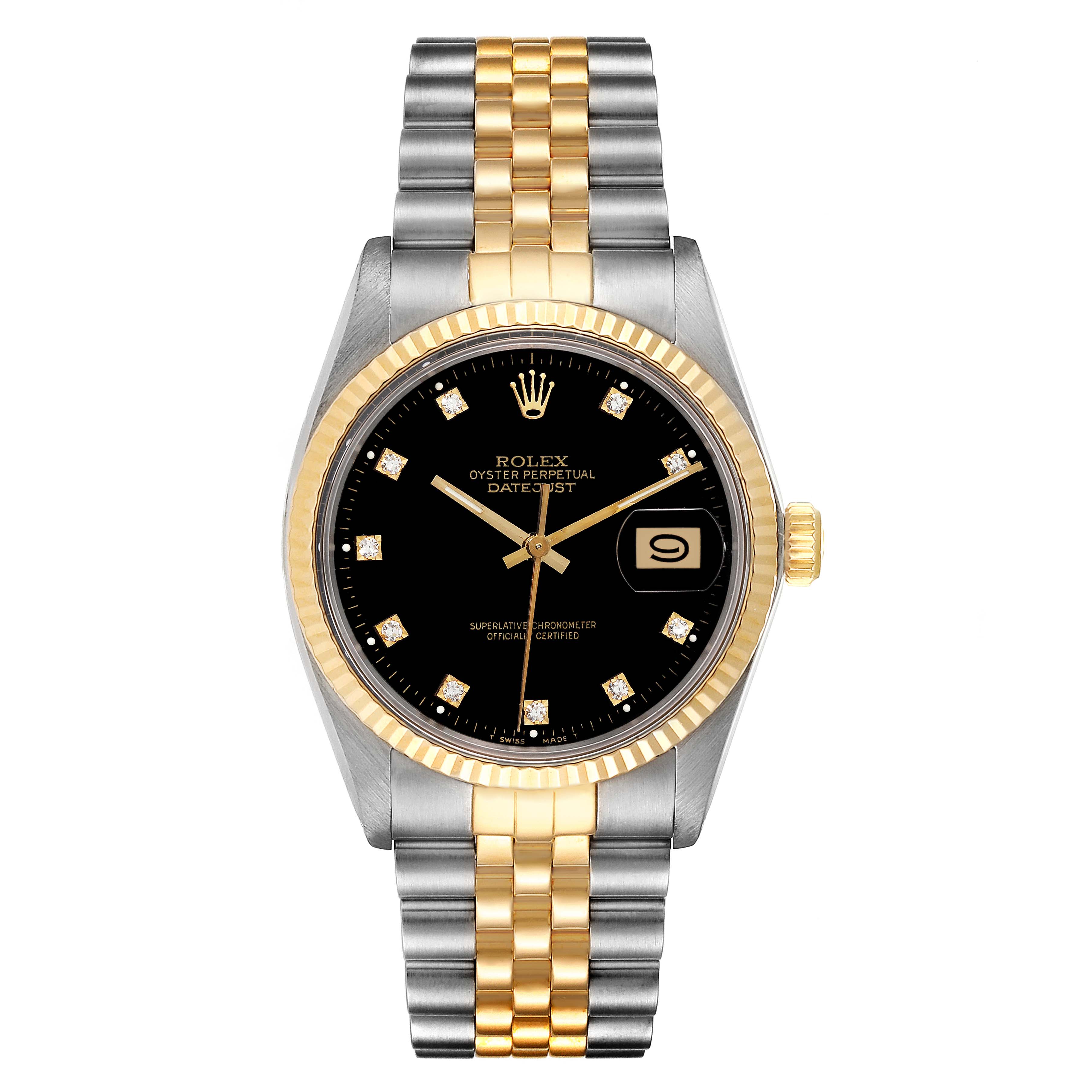 The image shows a front view of the Rolex Vintage Collection 16013 Men's Steel and Gold (two tone) Black Dial 16013 Men's Steel and Gold (two tone) Black Dial model, highlighting its two-tone bracelet and black dial with date window.