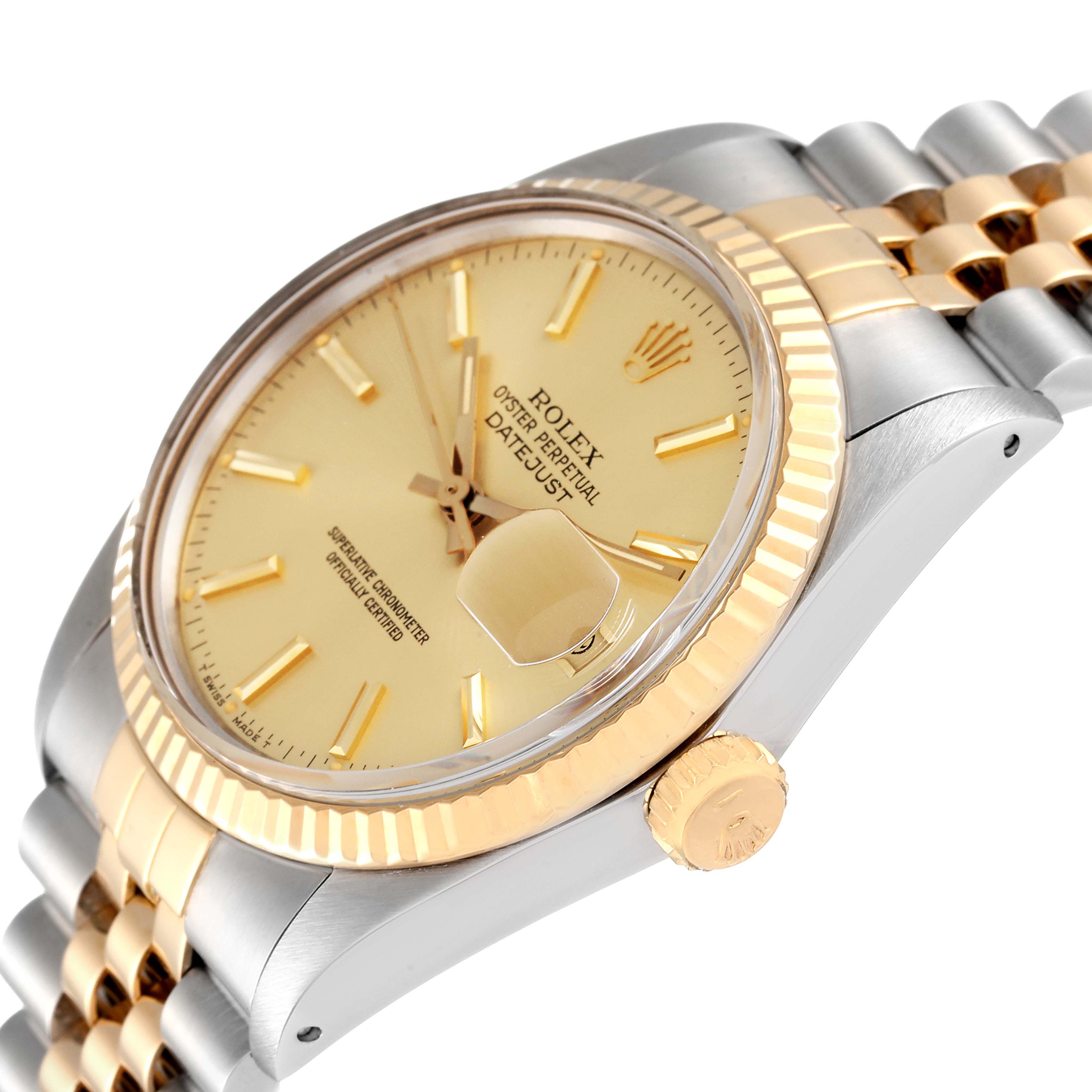 The Rolex Vintage Collection 16013 Men
s Steel and Gold (two tone) Champagne Dial 16013 Men
s Steel and Gold (two tone) Champagne Dial model watch is shown at a slight angle highlighting the face, bezel, crown, and a portion of the bracelet.
