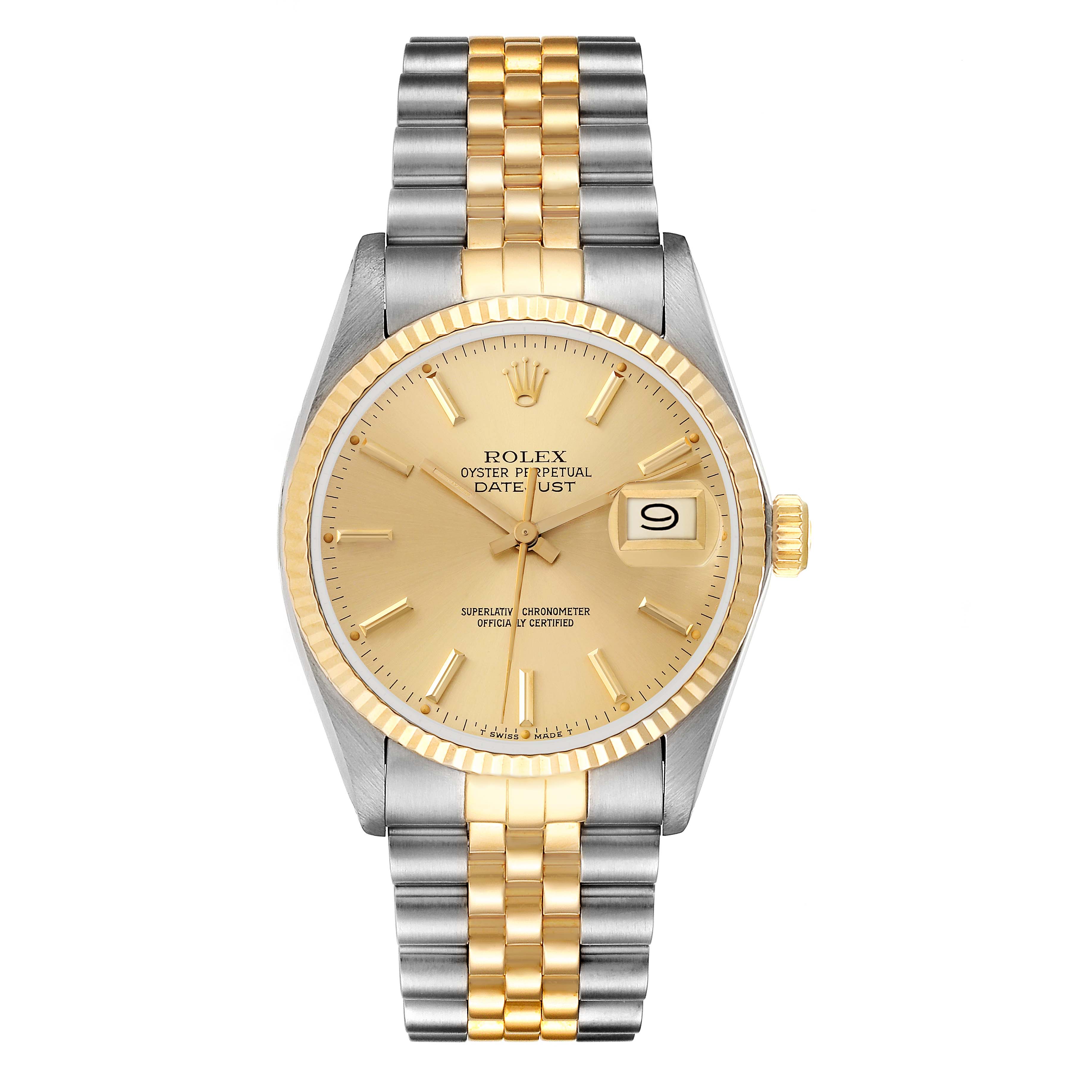 The image shows a frontal view of the Rolex Vintage Collection 16013 Men
s Steel and Gold (two tone) Champagne Dial 16013 Men
s Steel and Gold (two tone) Champagne Dial Datejust watch, displaying its gold and silver bracelet, dial, and date window.