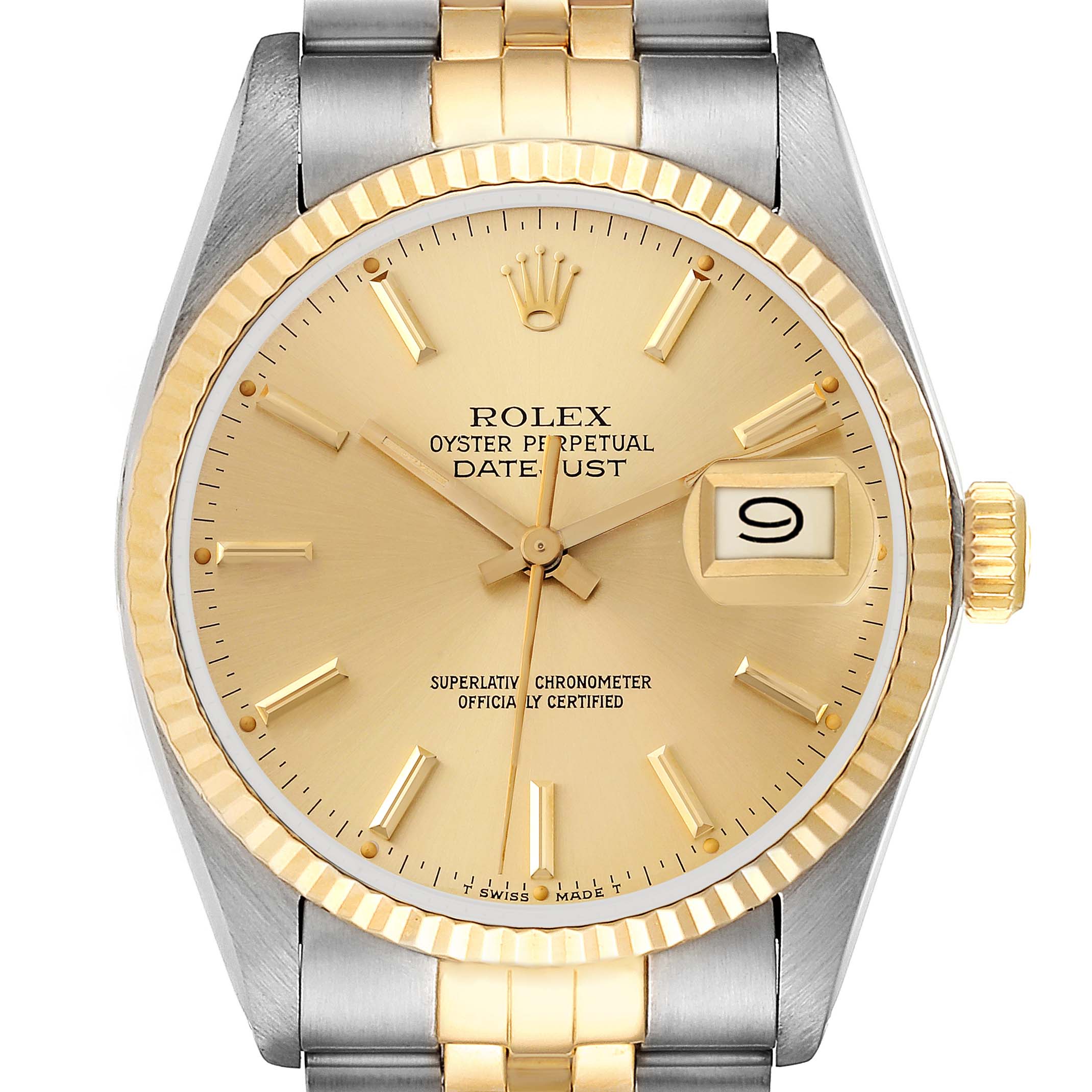 The image displays a front view of the Rolex Vintage Collection 16013 Men
s Steel and Gold (two tone) Champagne Dial 16013 Men
s Steel and Gold (two tone) Champagne Dial Oyster Perpetual Datejust watch, showcasing its dial, bezel, and bracelet.