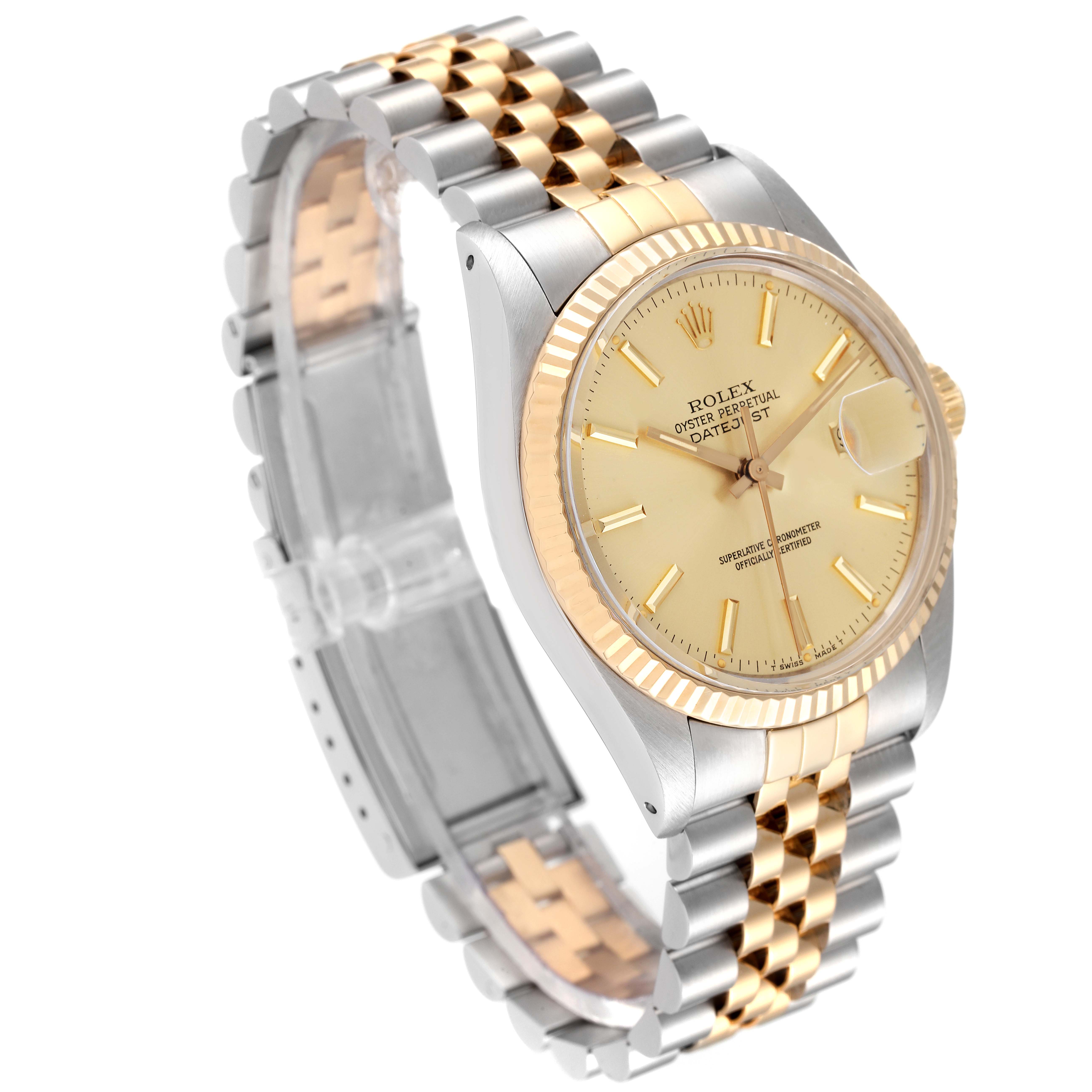 The image shows a side angle of the Rolex Vintage Collection 16013 Men
s Steel and Gold (two tone) Champagne Dial 16013 Men
s Steel and Gold (two tone) Champagne Dial model, displaying the watch face, fluted bezel, and two-tone bracelet.